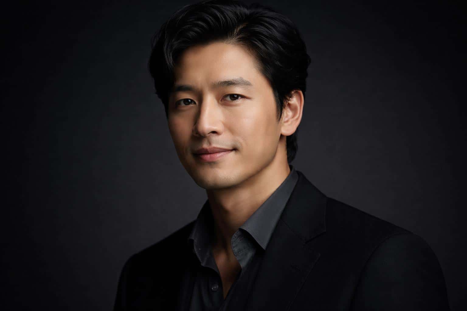 Wide 3:2 cinematic studio headshot of an East Asian man in his early 40s, collarbone-to-above-head crop, three-quarter turn with a warm restrained smile against a near-black gradient backdrop.