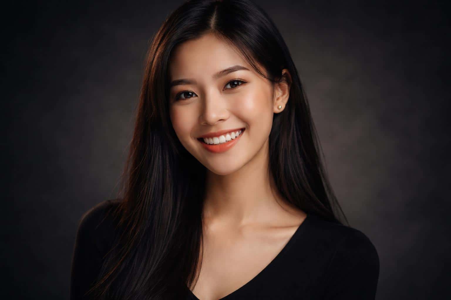 Wide 3:2 cinematic editorial studio headshot of a smiling East Asian woman in her mid-20s, tight close-up with relaxed shoulders, chin slightly lowered, gaze into camera.