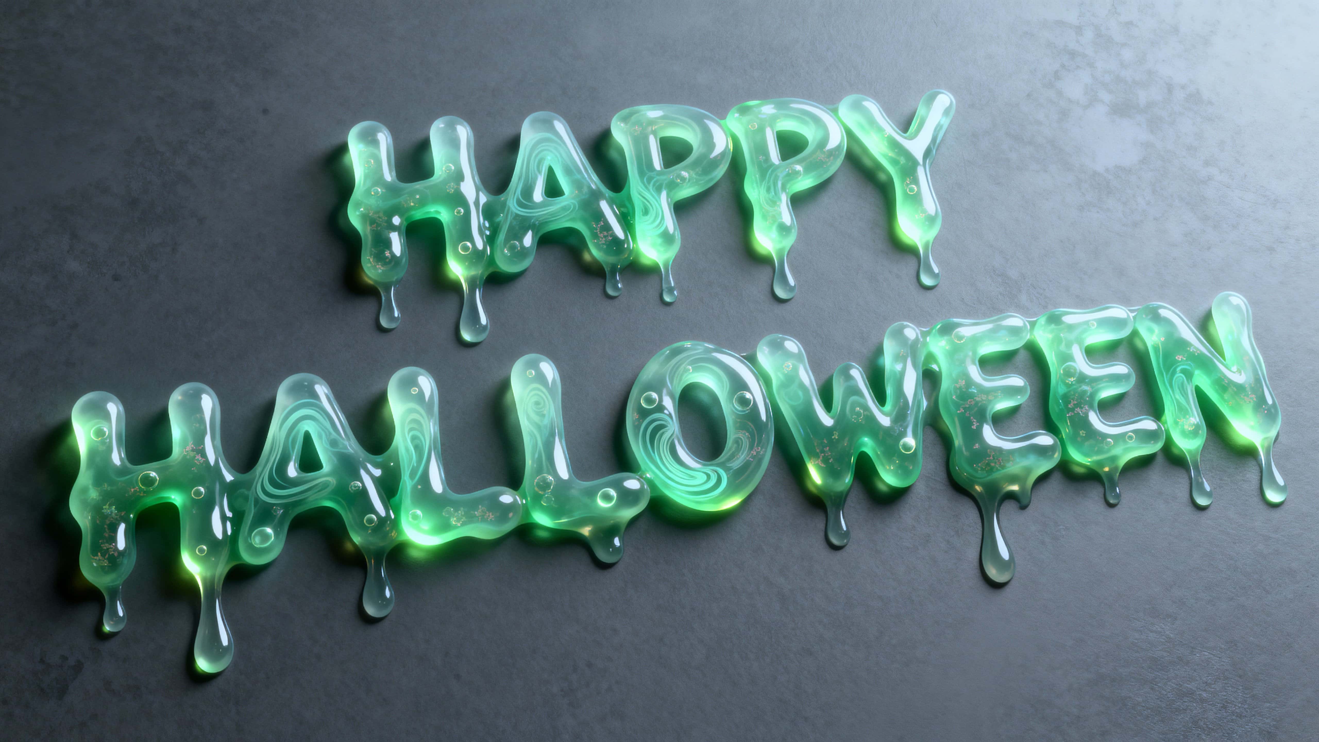 Full-frame 16:9 view of suspended ectoplasmic “HAPPY HALLOWEEN” letters formed from semi-transparent bioluminescent green slime with internal refractions, tiny bubbles, faint particulate swirls, soft top gloss highlights and cool ambient gl