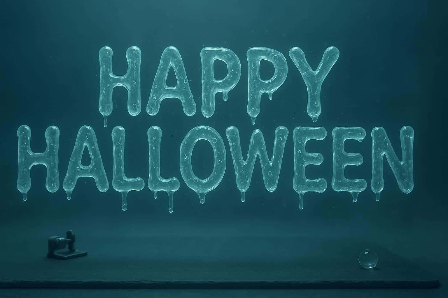 Suspended ectoplasmic slime forms the phrase "HAPPY HALLOWEEN" in a playful paranormal 3:2 scene, semi-transparent bioluminescent strokes with internal refractions and trapped bubbles for a glossy, eerie mood.