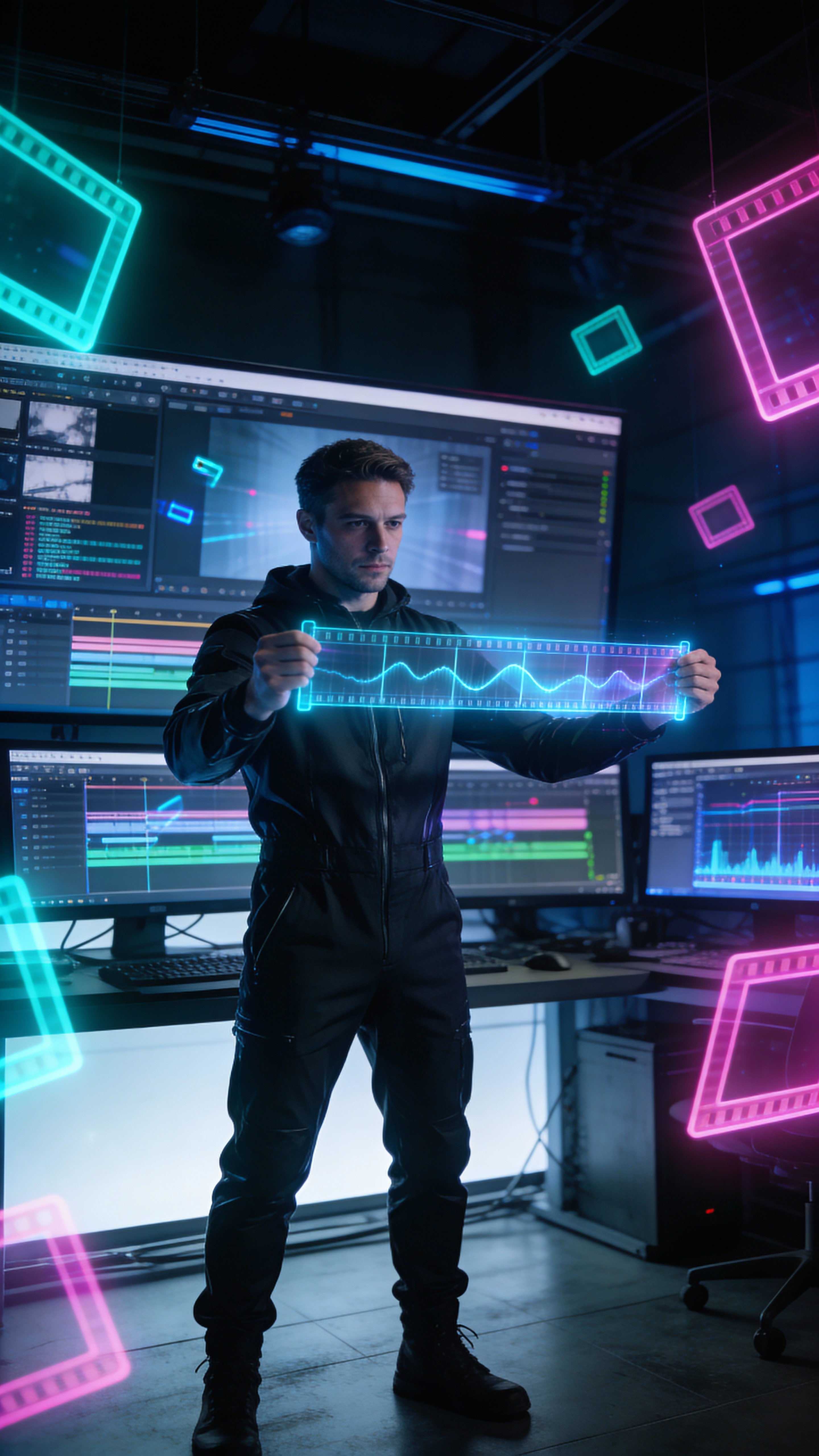 A cinematic futuristic scene of an editor pulling a glowing holographic video timeline from his hands, with luminous frames floating midair amid monitors in a dark tech studio.