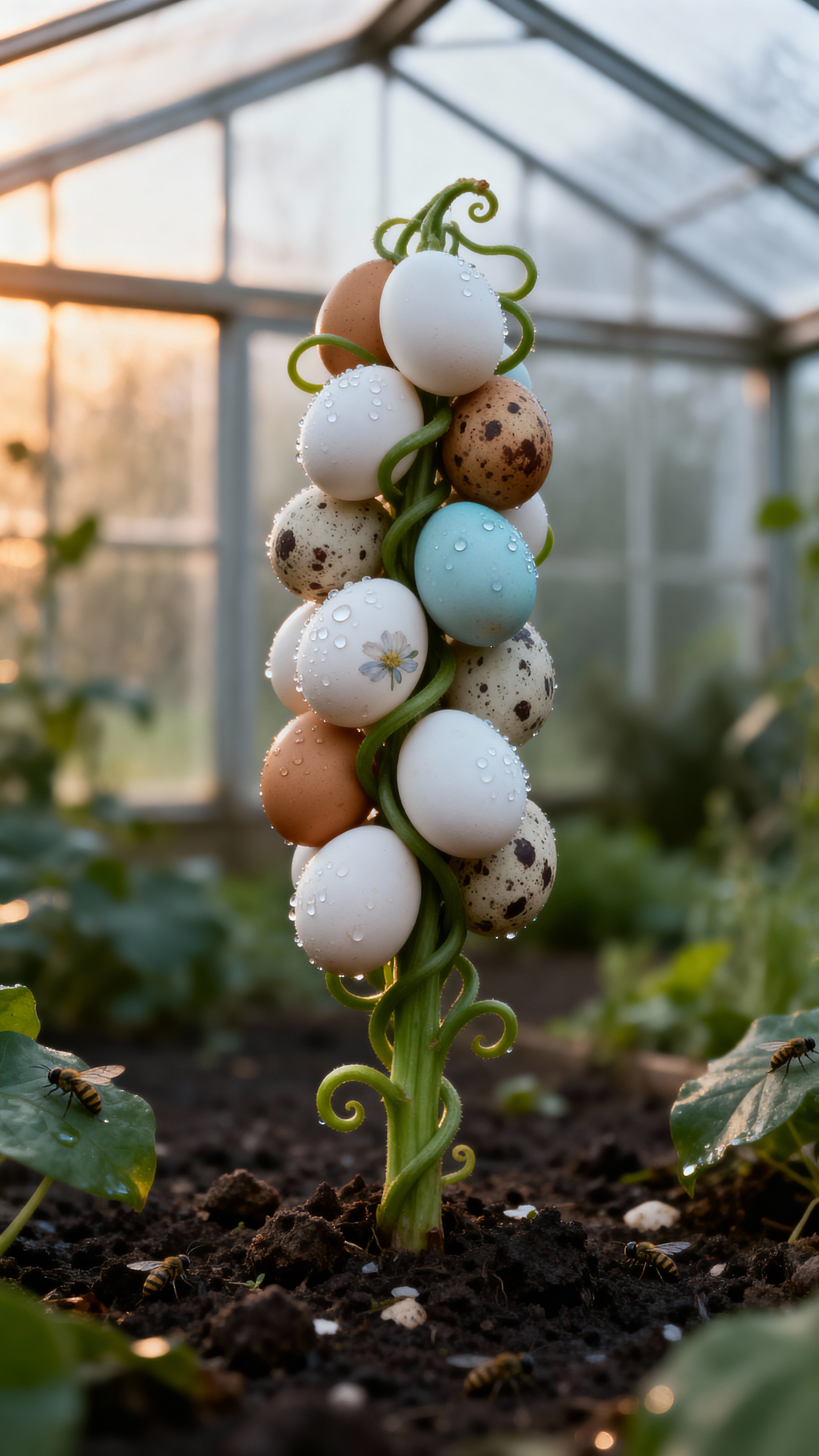 A single waist-high plant resembling an eggplant stalk grows clusters of smooth chicken eggs in a garden bed, dew-kissed and sharply focused against a soft greenhouse backdrop.