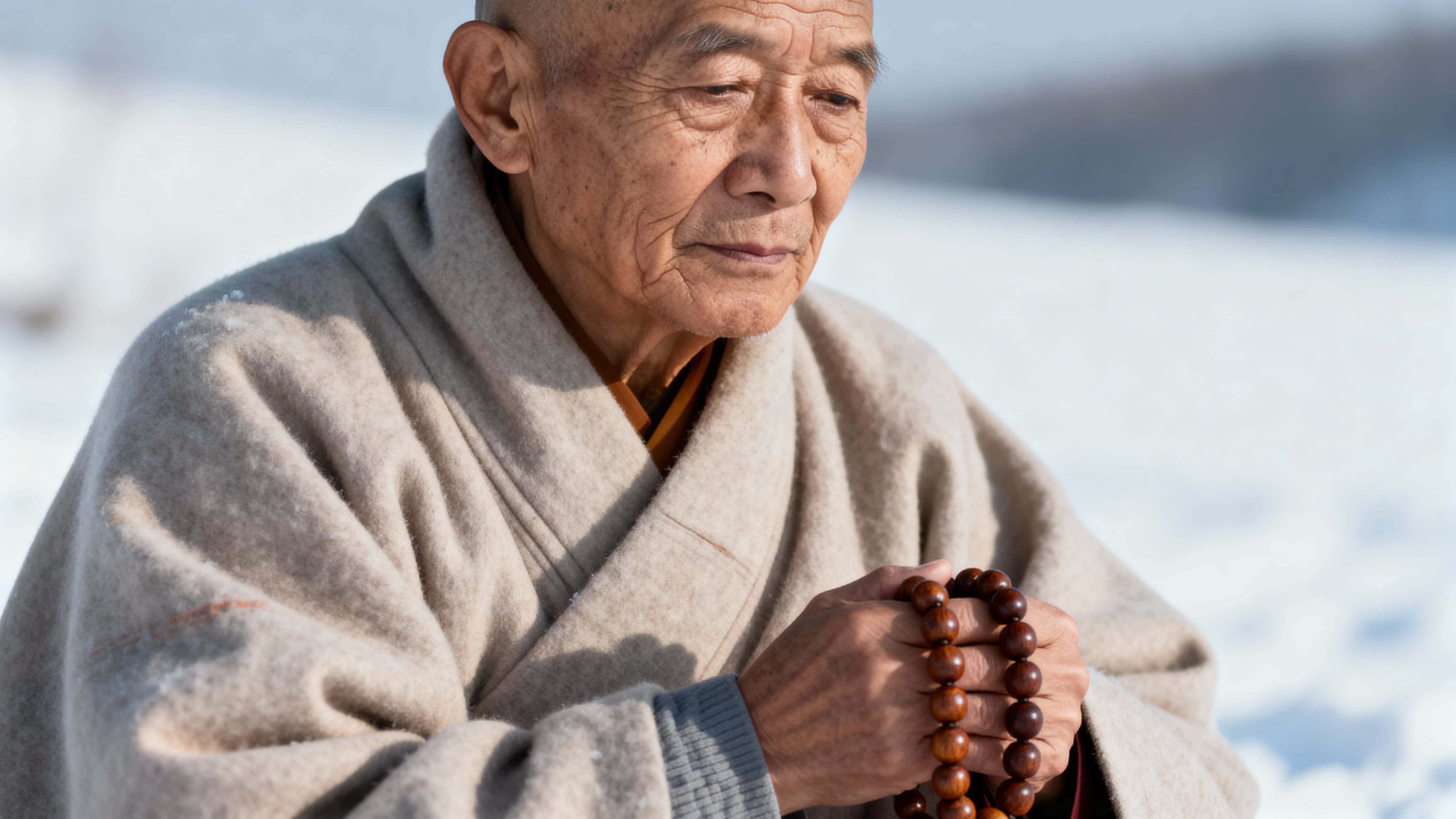 A close, human portrait of an elderly monk smiling gently with prayer beads in hand, detailed natural wrinkles and warm skin tones against a softly blurred snowy background, framed cinematic and emotive within a 16:9 crop.