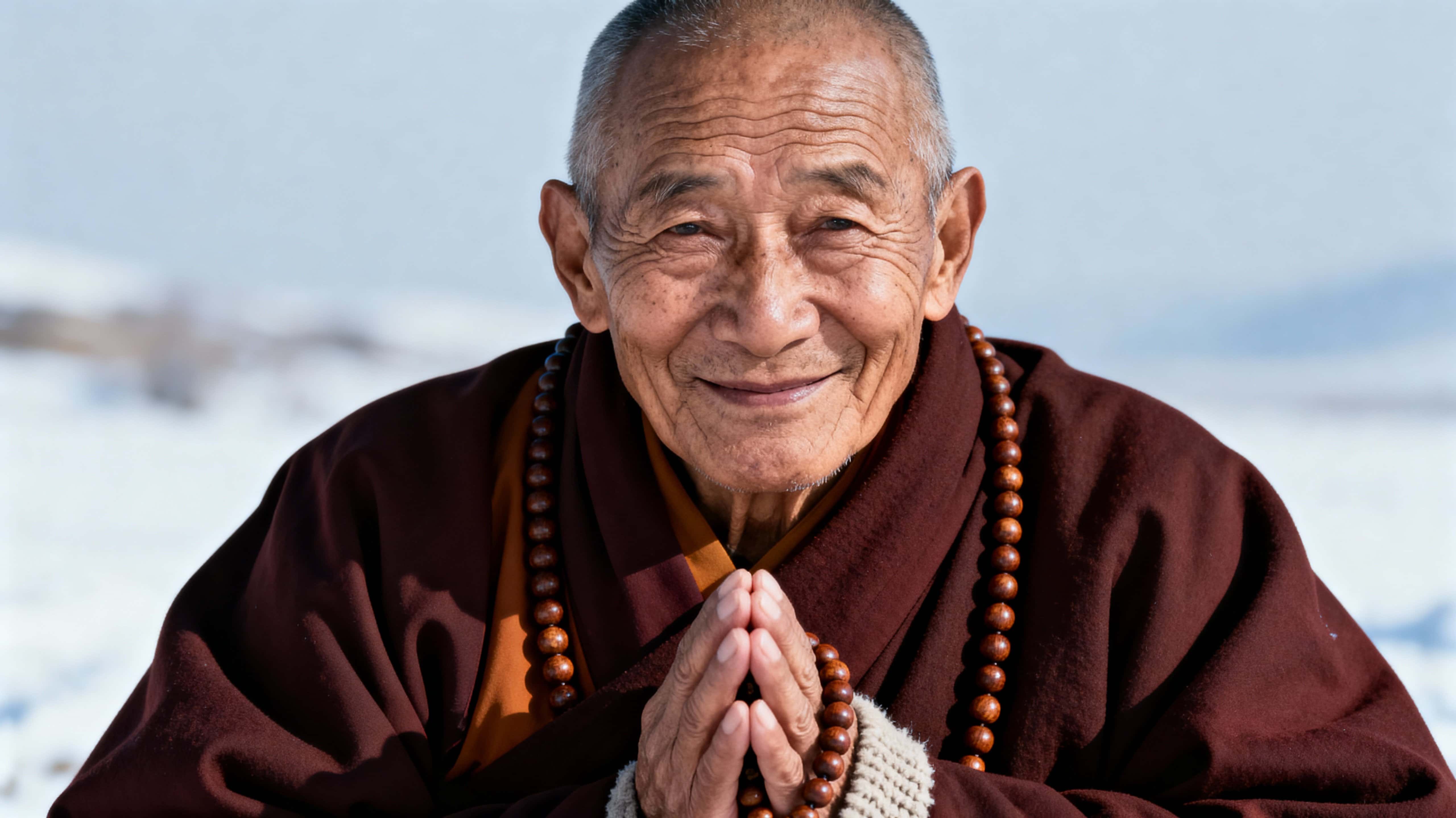 A close, human portrait of an elderly monk smiling gently with prayer beads in hand, detailed natural wrinkles and warm skin tones against a softly blurred snowy background, framed cinematic and emotive within a 16:9 crop.
