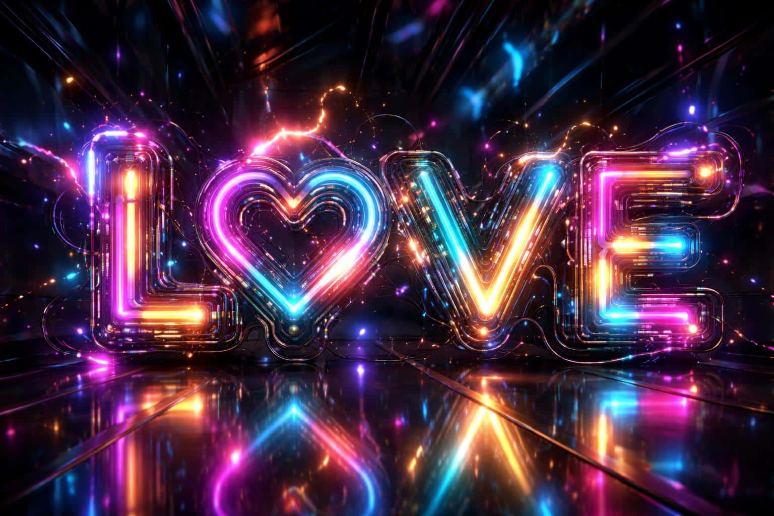 Surreal 3:2 landscape of a floating 'LOVE' neon sign formed from interlocking heart-shaped tubes in magenta, cyan, and gold, with sparks over obsidian glass reflecting kaleidoscopic colors.