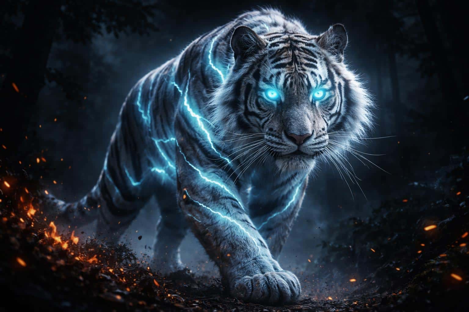 A majestic tiger with glowing blue electric stripes walks through a dark forest filled with floating orange embers in this striking fantasy digital artwork.