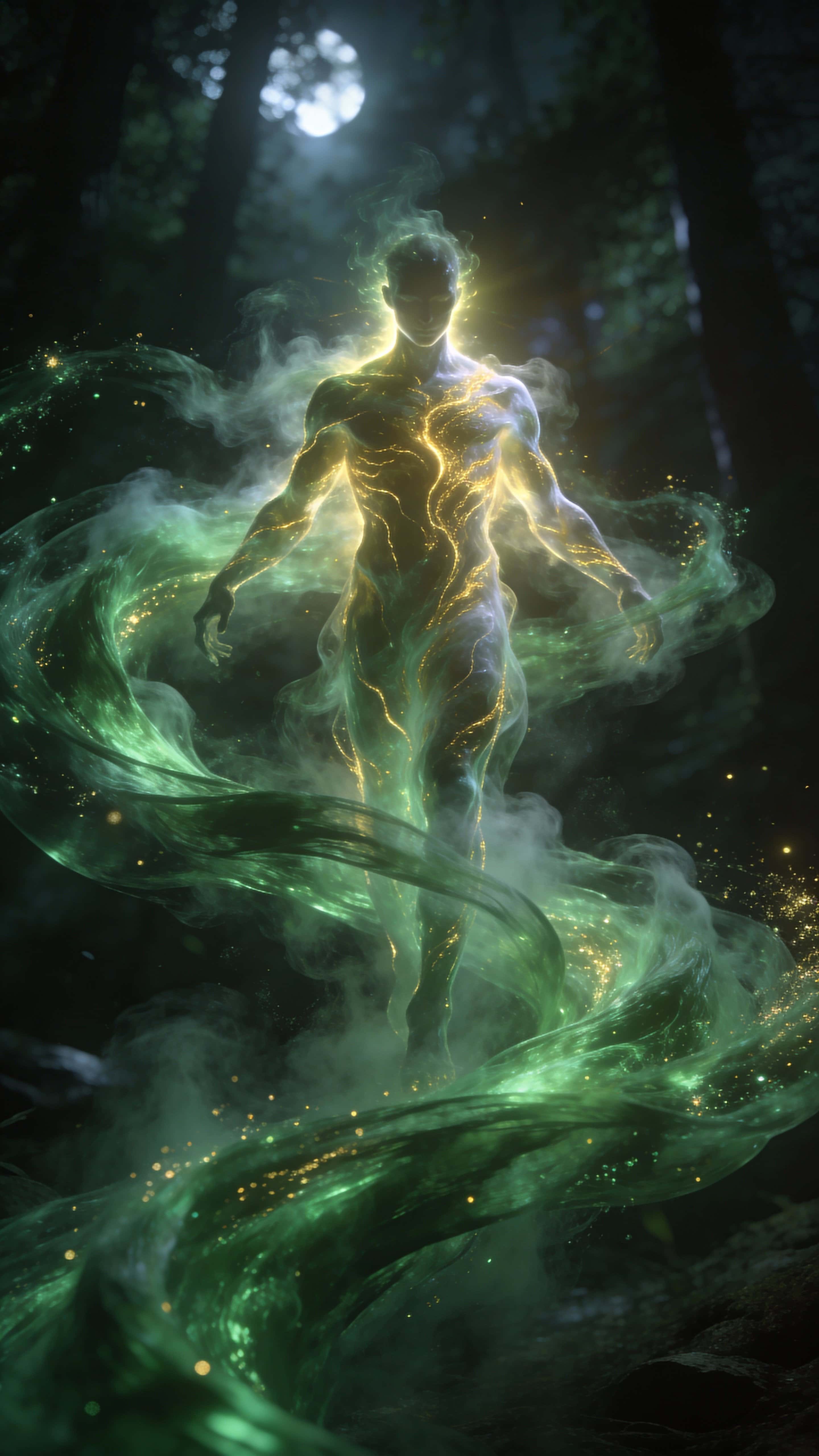 Humanoid elemental entity sculpted from light and mist, portrayed in a cinematic portrait photography style with vertical framing for poster or mobile use.