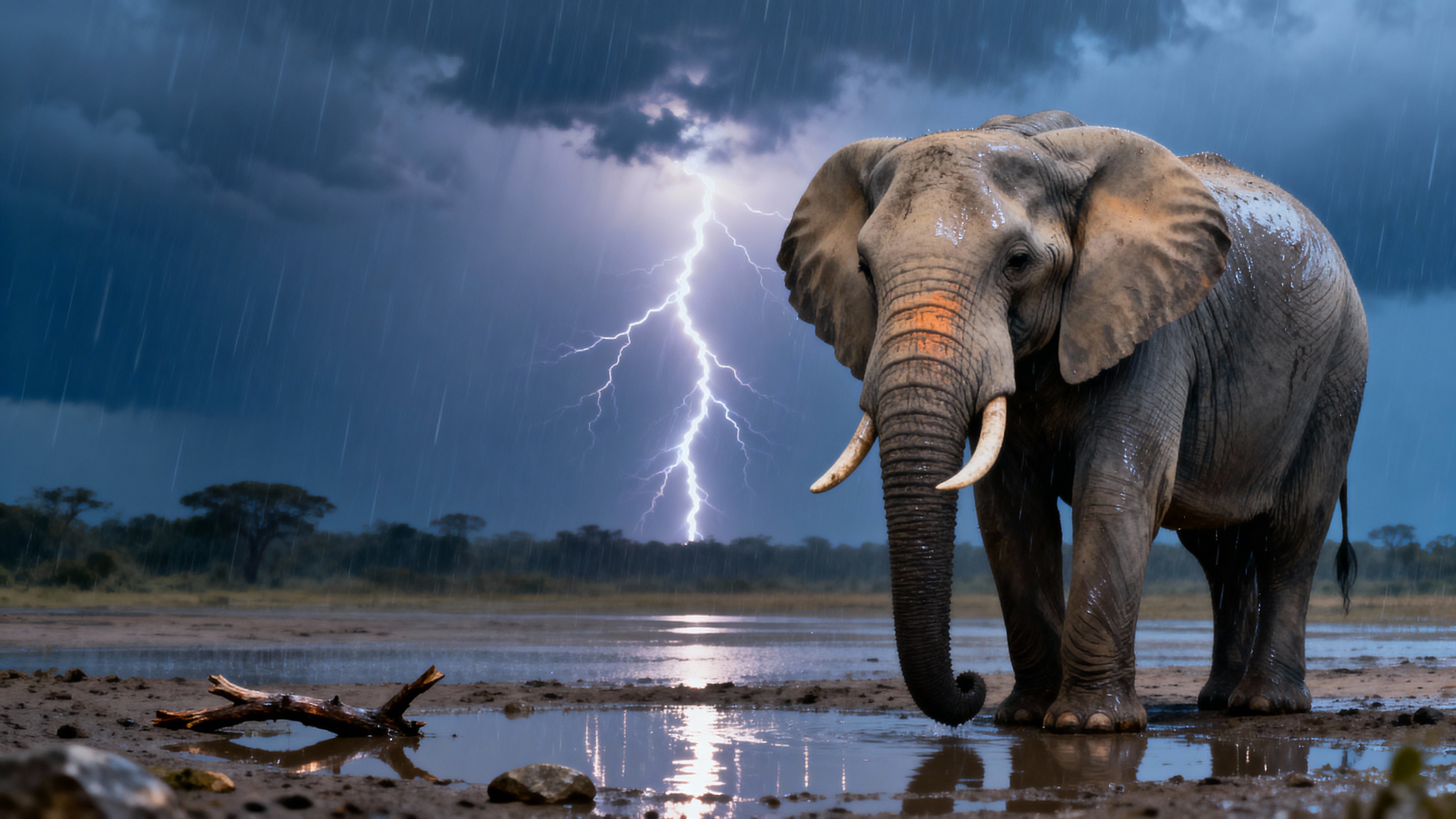 A massive elephant stands in heavy rain with a lightning bolt flashing behind it, water streaming and dripping from its leathery skin with realistic wet detail and cinematic drama.