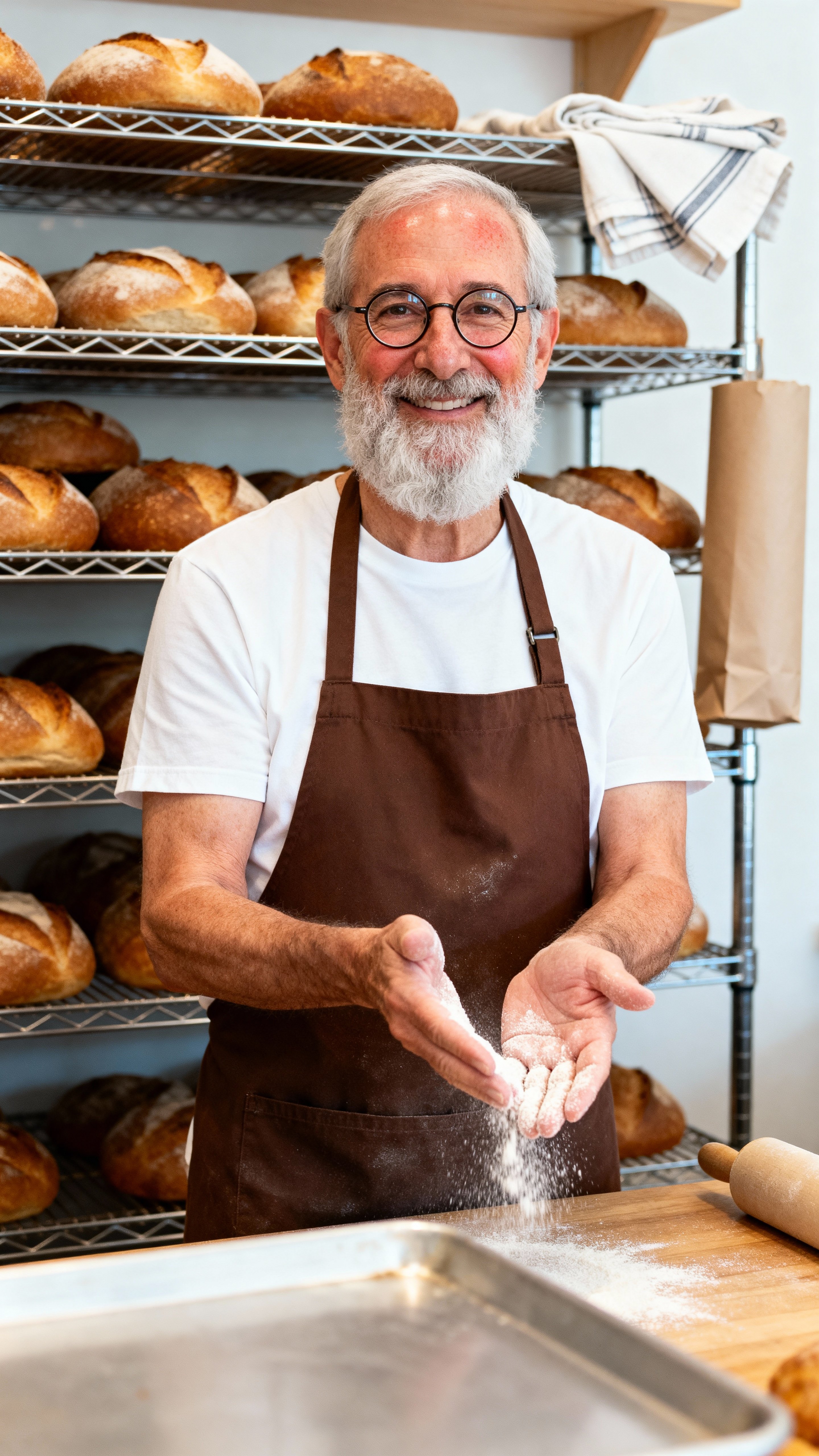 Eli, a mid-60s Jewish American baker dusts flour from his palms at the front counter, in a cocoa-brown apron (#6B4629) and white tee (#F3E6D9) with warm-skin flush (#E6B89A) as a soft foreground tray blur and a rack of bread frame him, face