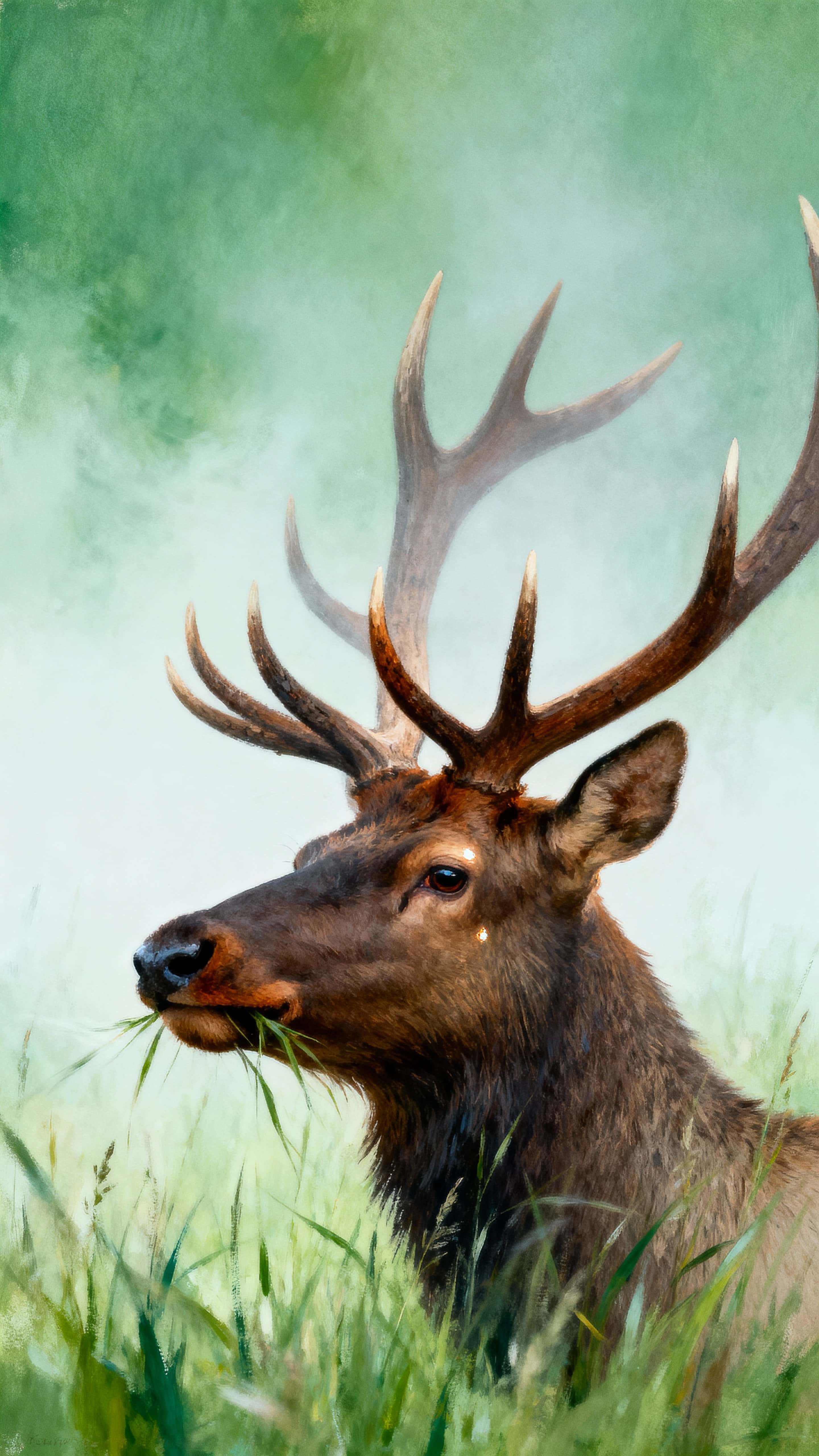 An elk's noble head rises through tall meadow grass softened by morning green mist and diffused light, with blades brushing the jawline and a serene, watchful expression for a tranquil vertical wallpaper composition.