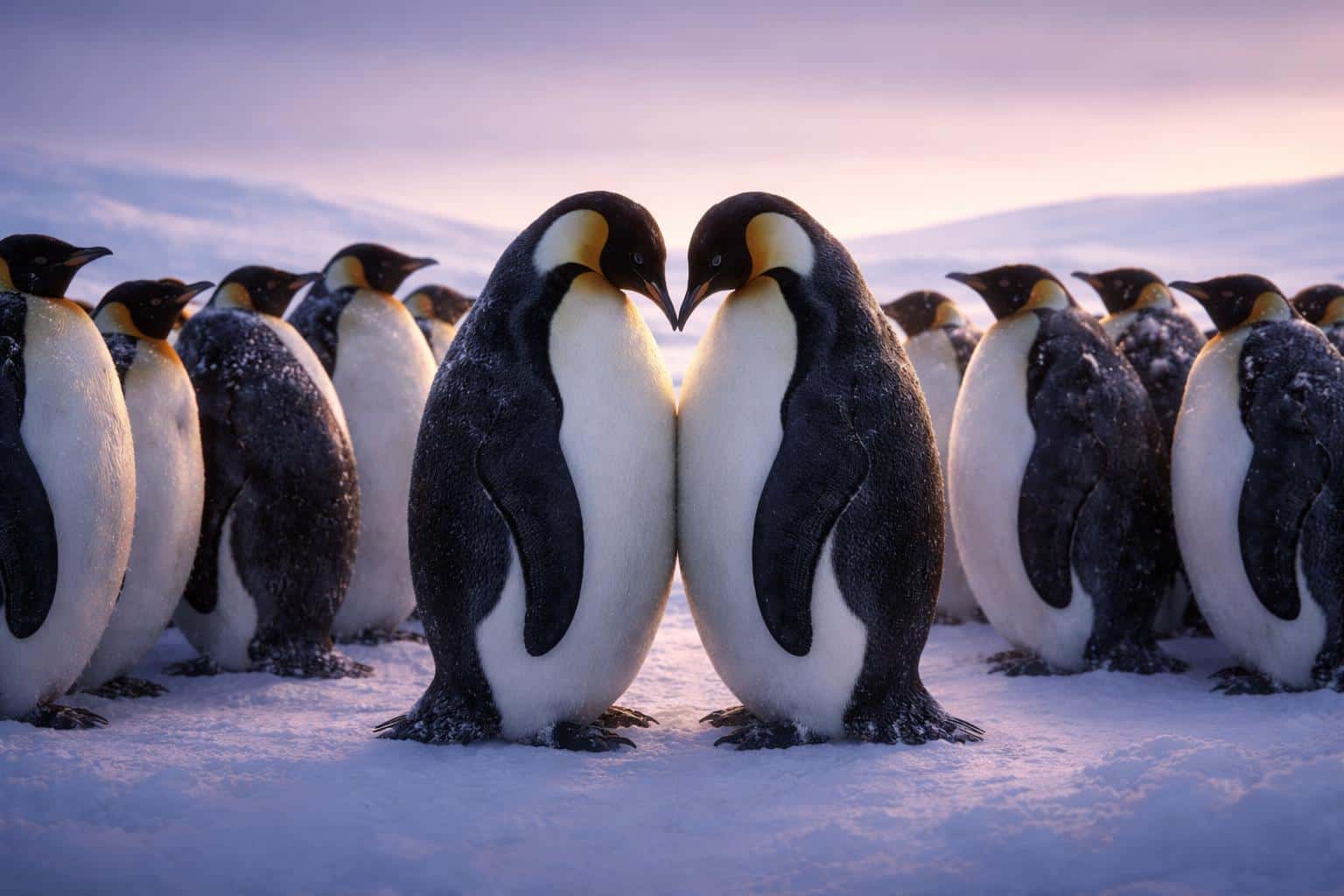 Wide 3:2 physically based 3D render of emperor penguins huddled on an Antarctic ice shelf, two forming a heart with their necks against a lavender sky.