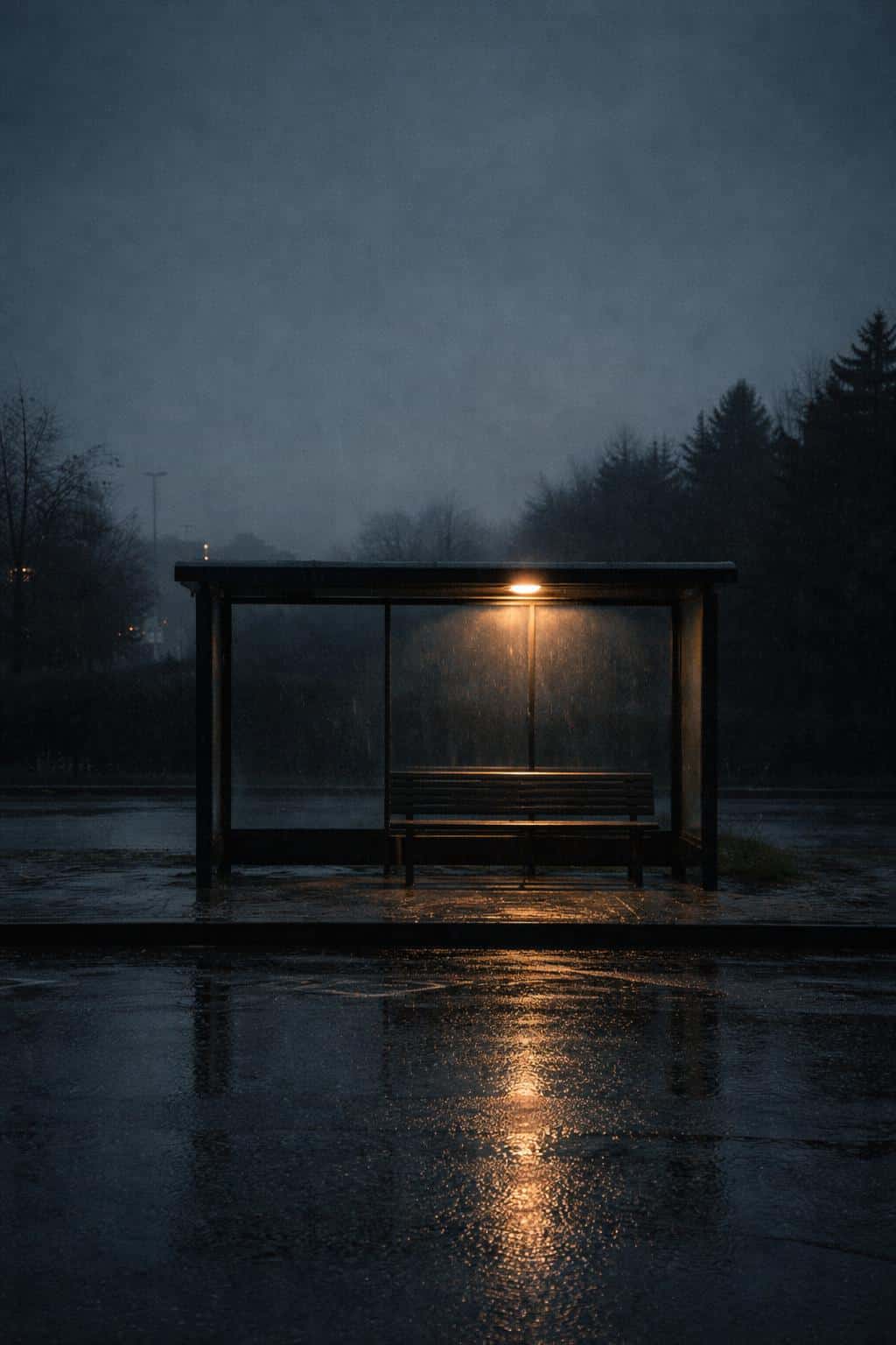 Vertical 2:3 cinematic editorial photo of an empty bus stop at dusk under light drizzle, wet pavement reflecting a single amber lamp and a patient, lonely mood.