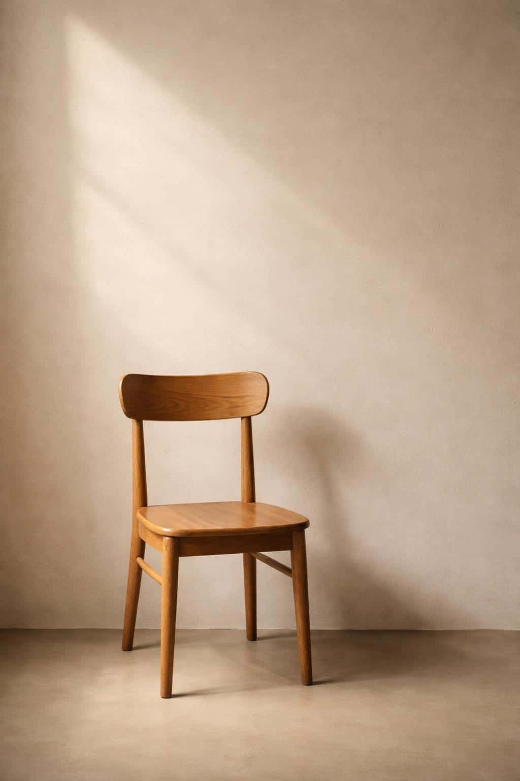 A solitary wooden chair sits in a quiet sunlit room, photographed as a 2:3 portrait composition with calm minimalism and soft, directional sunlight for a poster-cover mood.