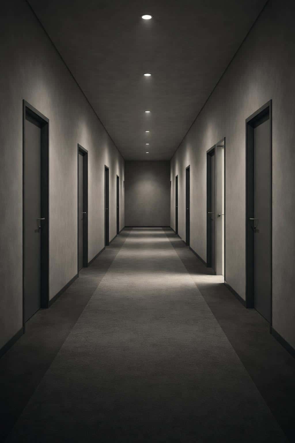 A minimalist architectural photograph of a wide, empty corridor with repeating doors and one slightly open door, framed for a 2:3 poster-cover crop with moody low-key light.
