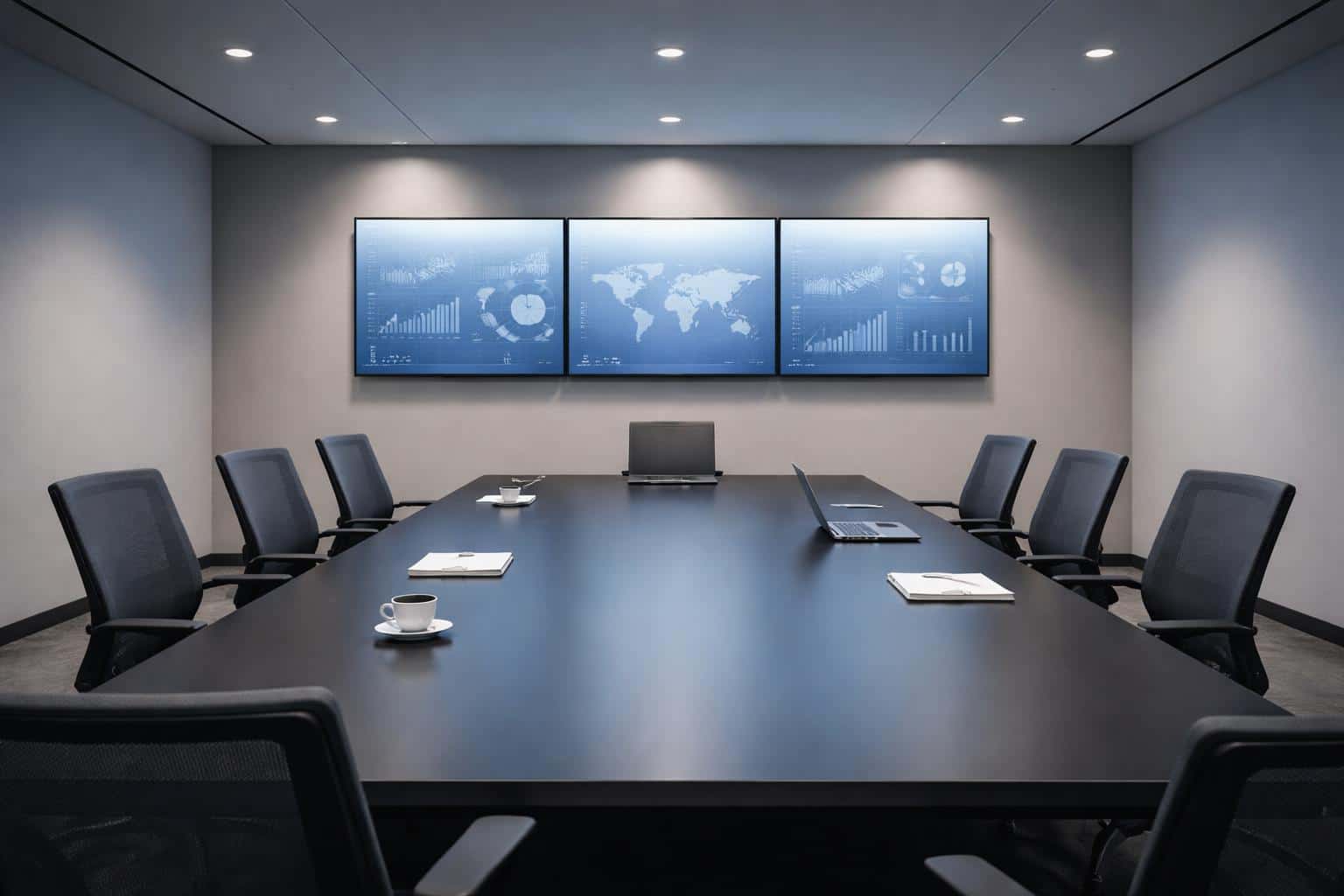 Empty corporate meeting room photographed in 3:2 ratio, moments after a meeting with screens still on, moody ambient light, and a quiet, cinematic feel.