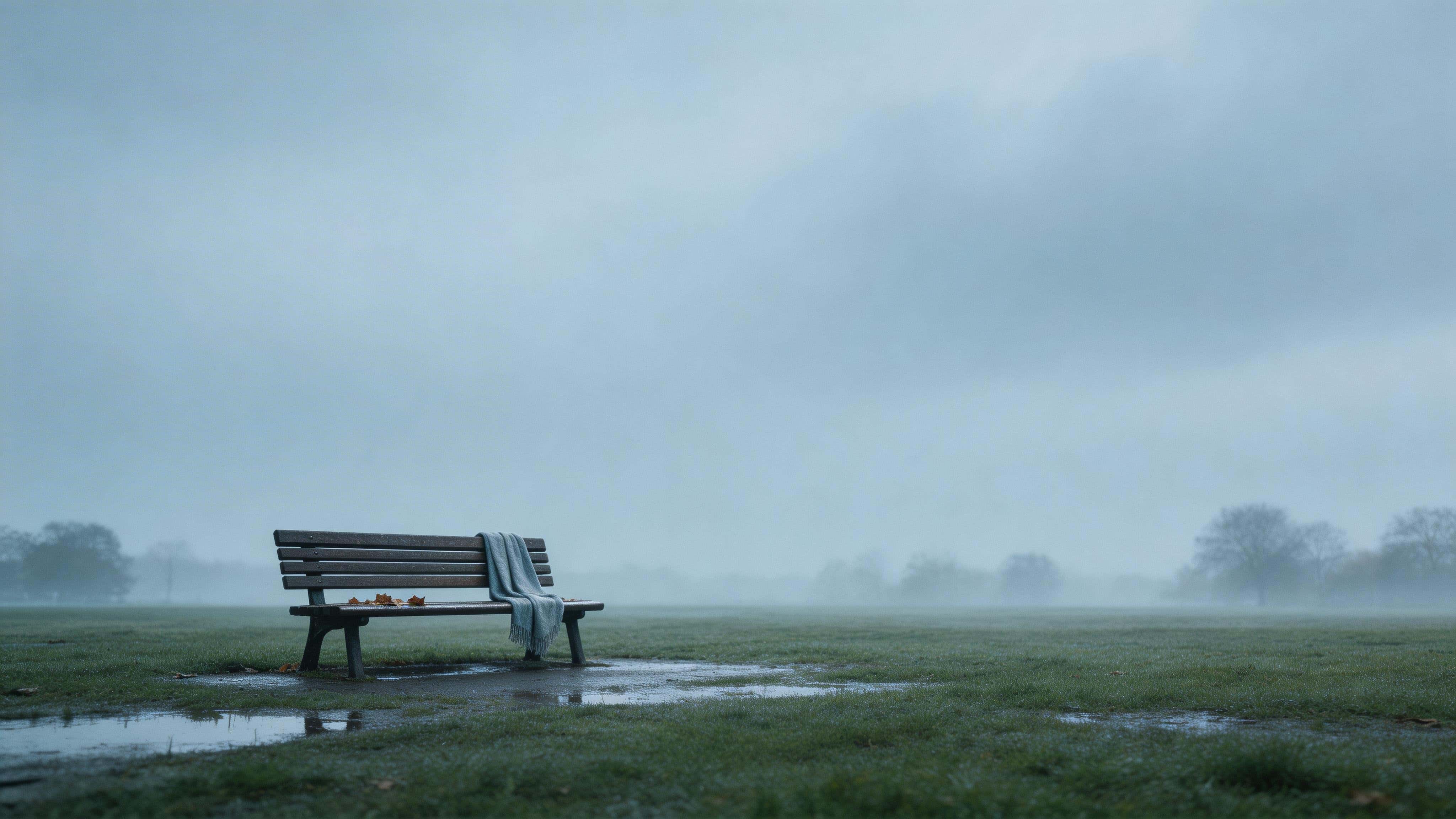Cinematic 16:9 widescreen of a solitary wet park bench off-center after rain, with low horizon, heavy overcast sky, a damp leaf or forgotten scarf, and soft haze.