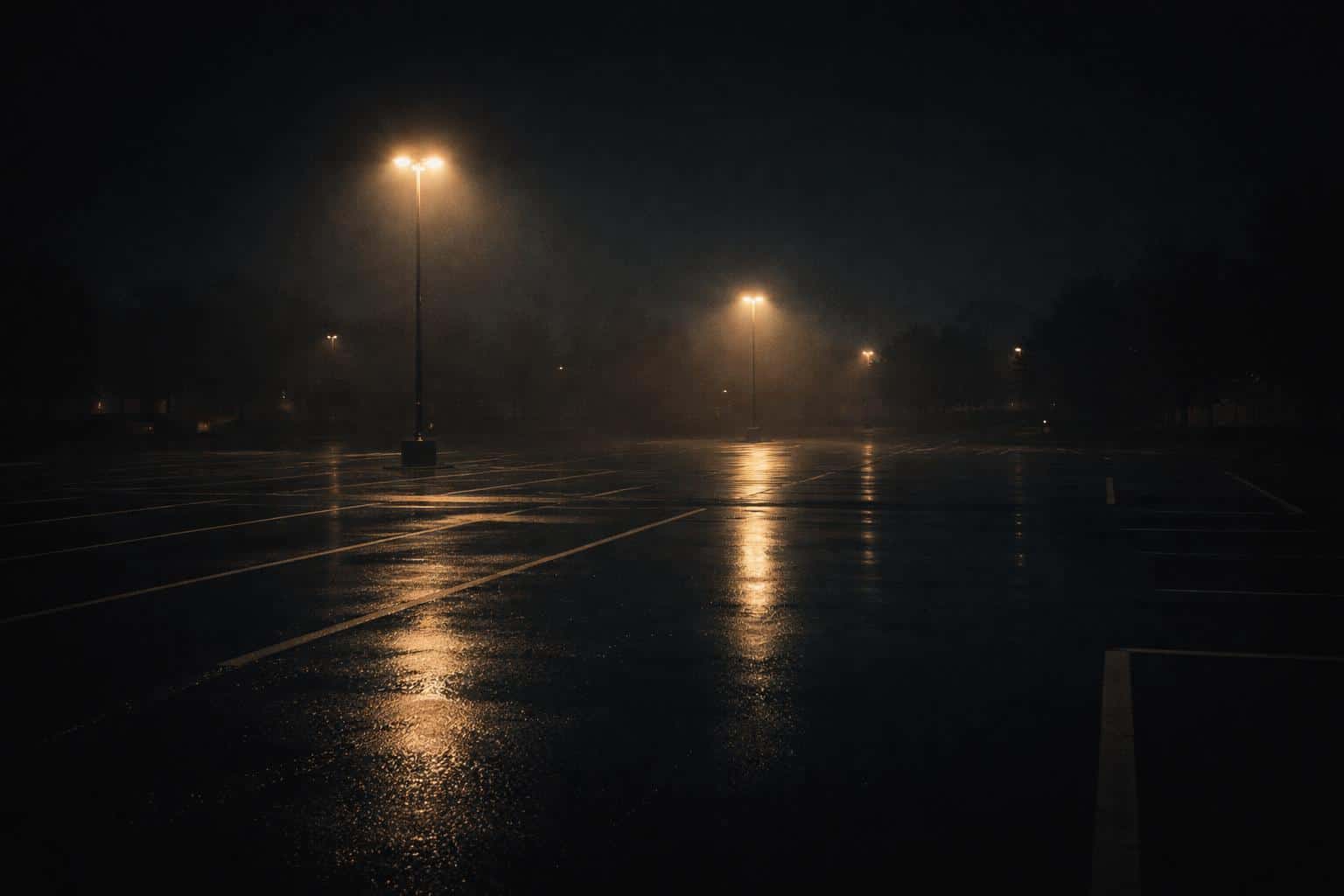 Widescreen 3:2 cinematic night shot of an empty, rain-wet parking lot lit by sparse sodium lamps with amber streak reflections across deep blue-black asphalt, calm and lonely.