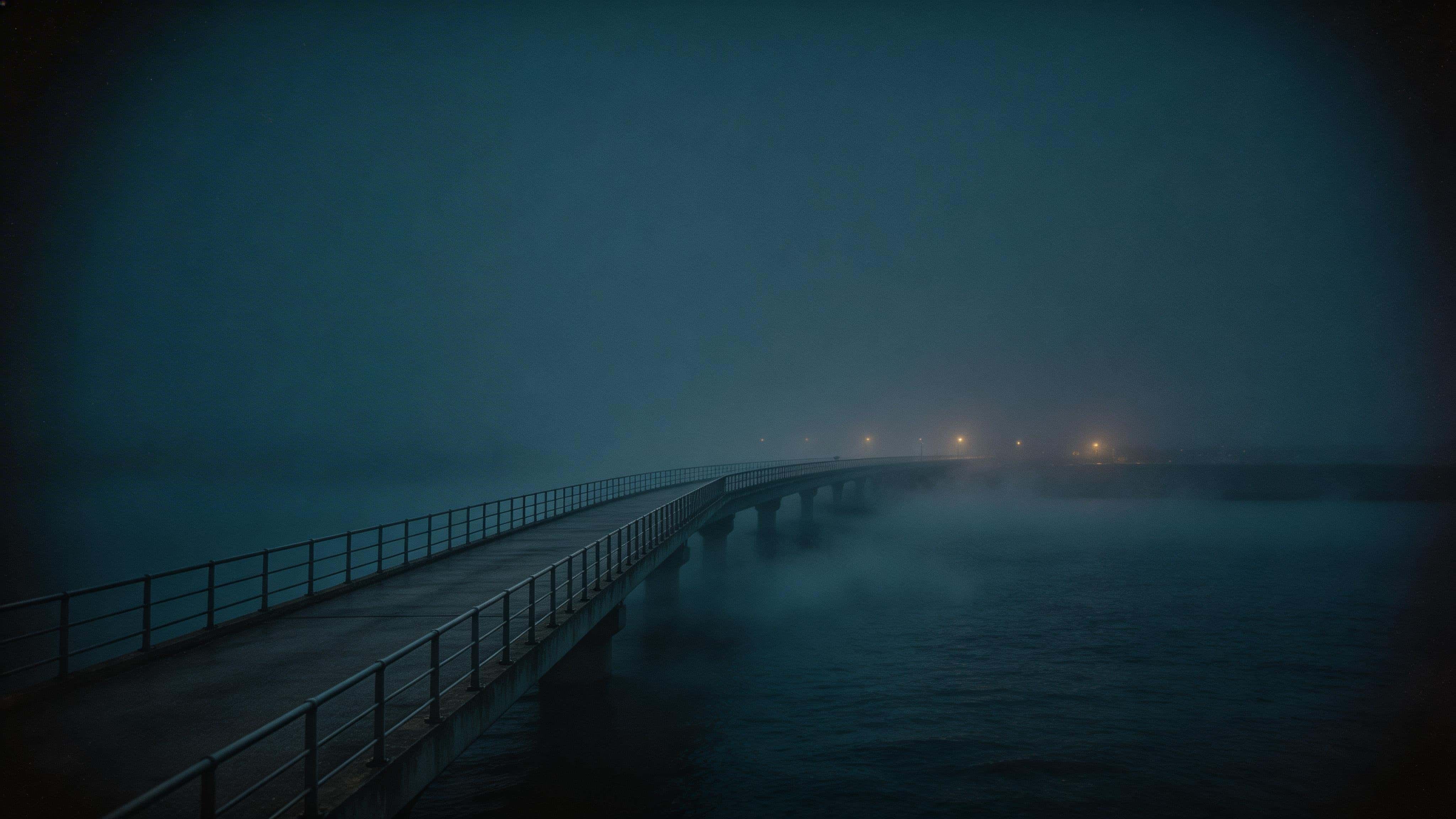 Cinematic 16:9 night wallpaper of an empty pedestrian bridge over water with thick fog, muted cool tones, distant lamp glows, wide negative space, and quiet solitude.
