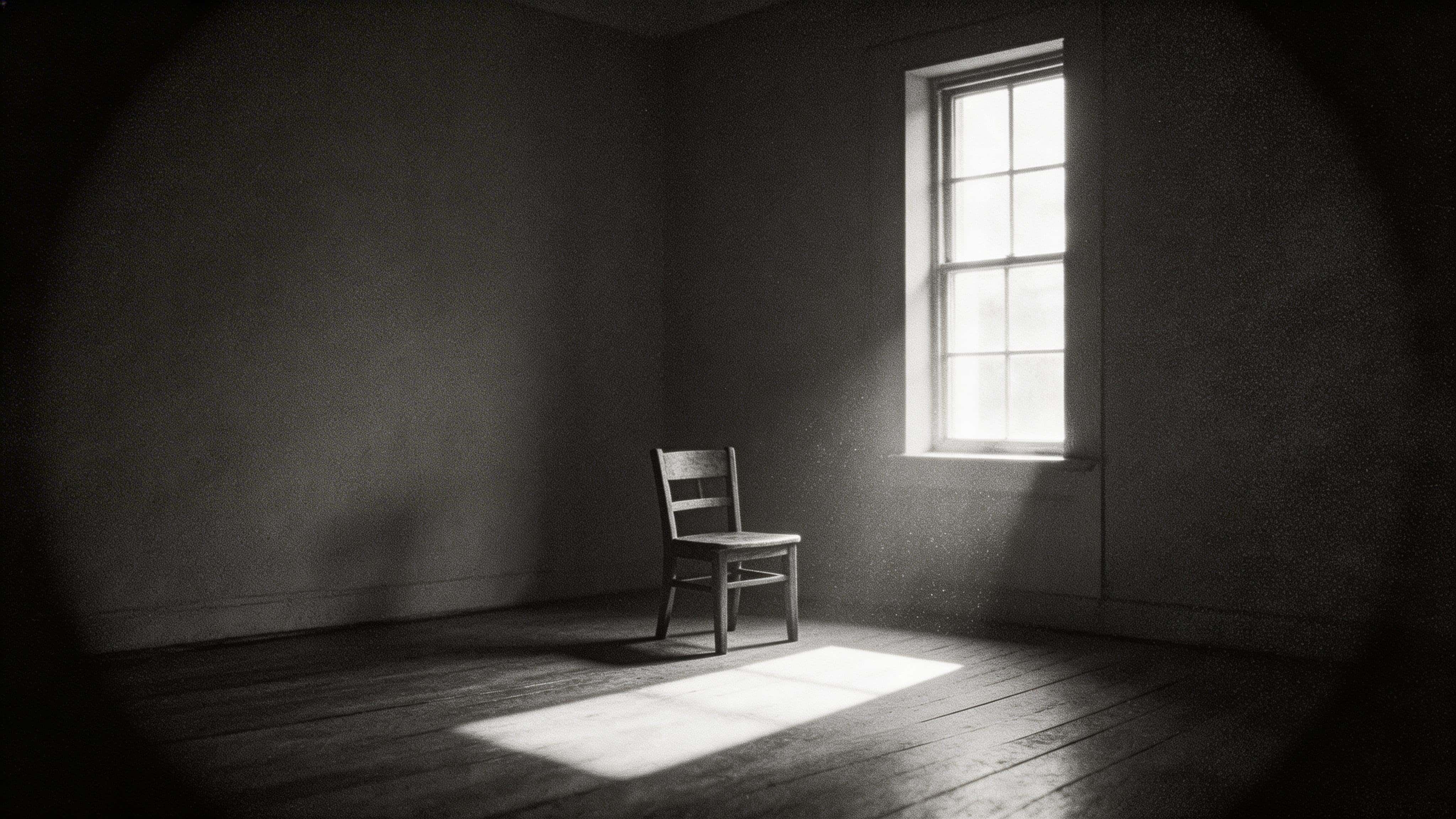 Black-and-white 16:9 interior photo of an empty room with one simple wooden chair and a tall window, soft rectangular light across the floor and quiet negative space.