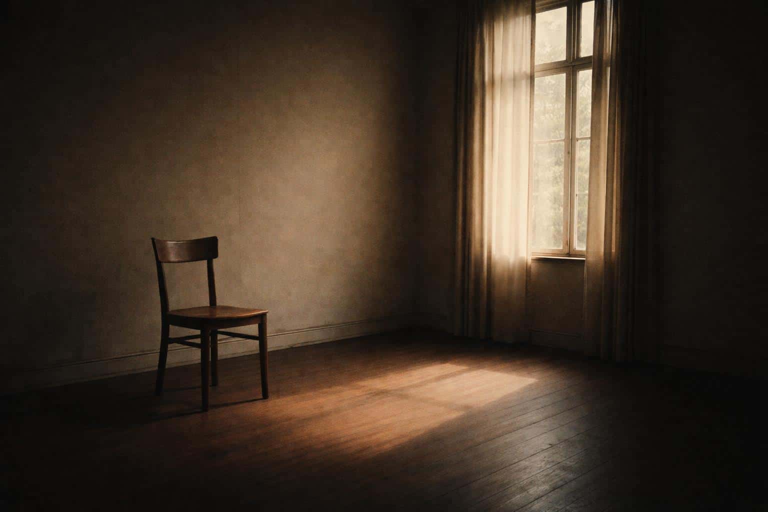 Widescreen 3:2 film interior of an unoccupied room with one off-center wooden chair and a tall window casting a soft rectangle of light, quiet and still.