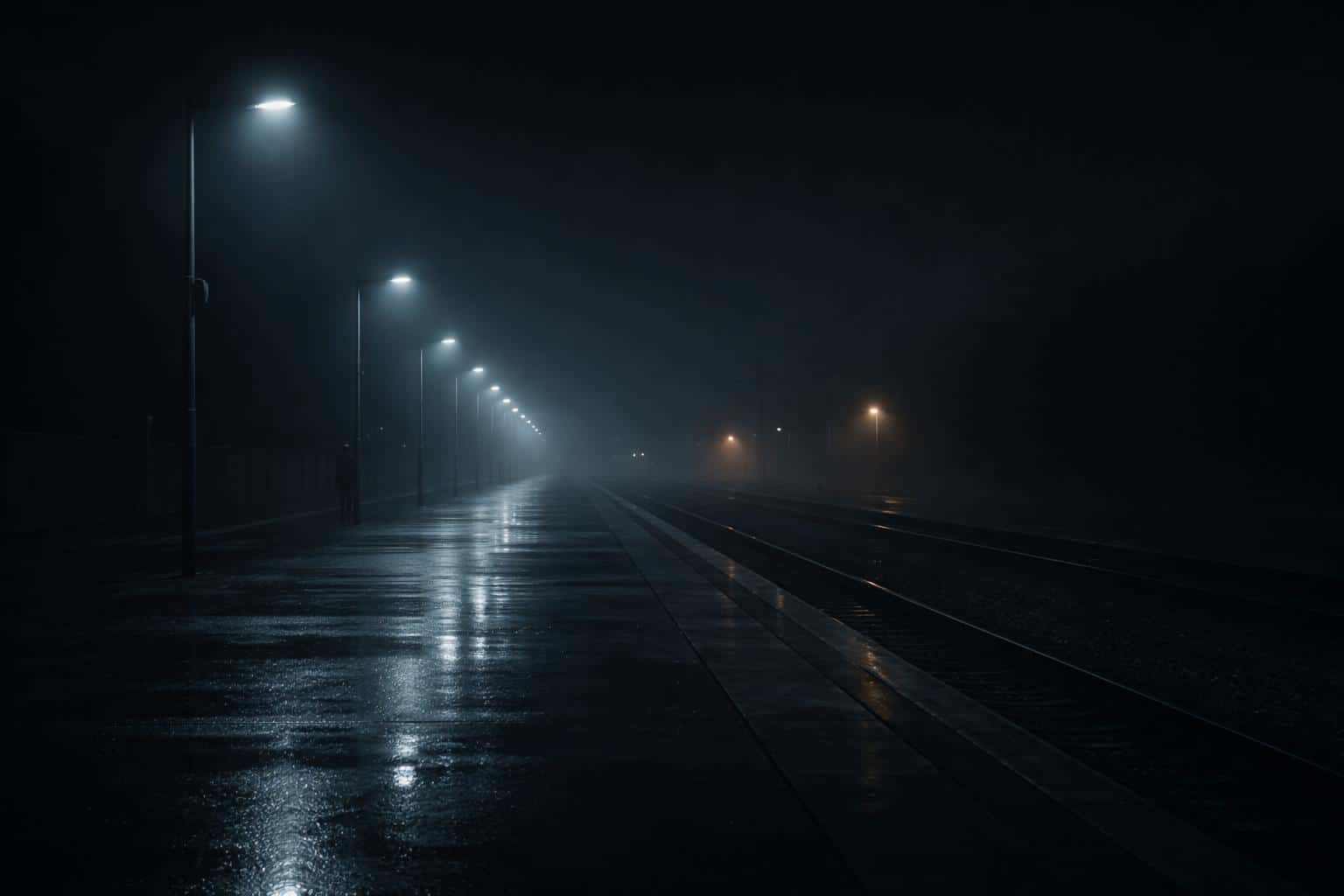 A 3:2 widescreen cinematic night view of an empty train platform with wet concrete, distant soft lights, thin mist, and cool tones conveying quiet solitude.
