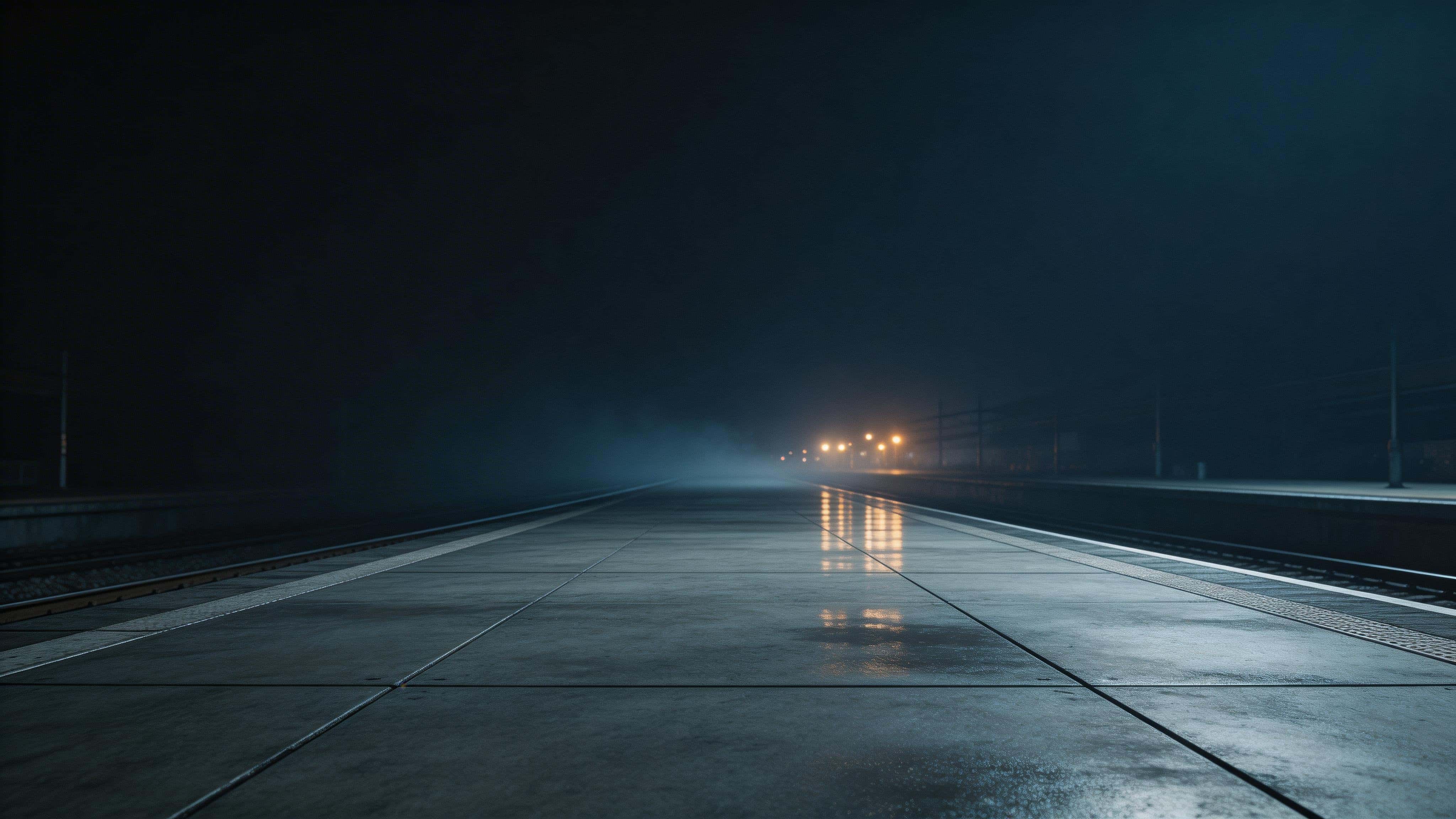 Cinematic 16:9 night photograph of an empty train platform with wet concrete, a long vanishing perspective, soft distant lights reflected in mist, and rich blacks.