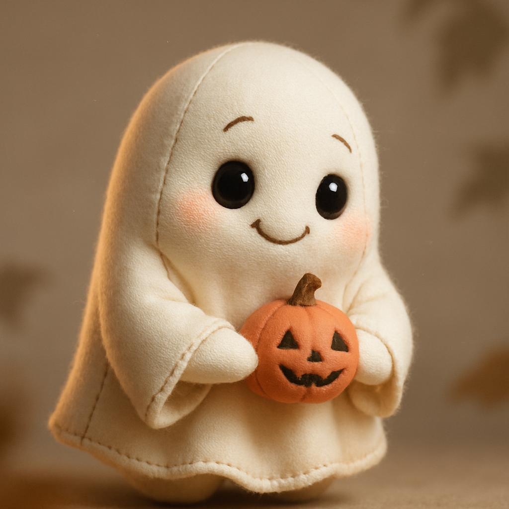 A charming, cute Halloween ghost rendered as a character portrait — playful and tactile, photographed squarely with artful creative touches that emphasize texture, warm glow, and whimsical personality without any visible text or signage.