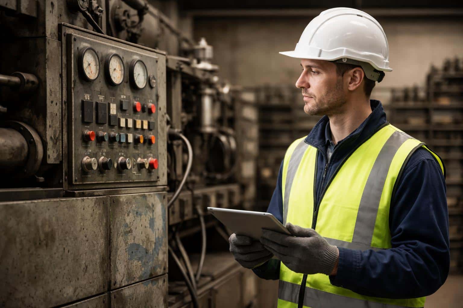 Engineer inspecting industrial machinery while holding a tablet, captured in an editorial photography style with precise 3:2 framing for poster or social-post use.