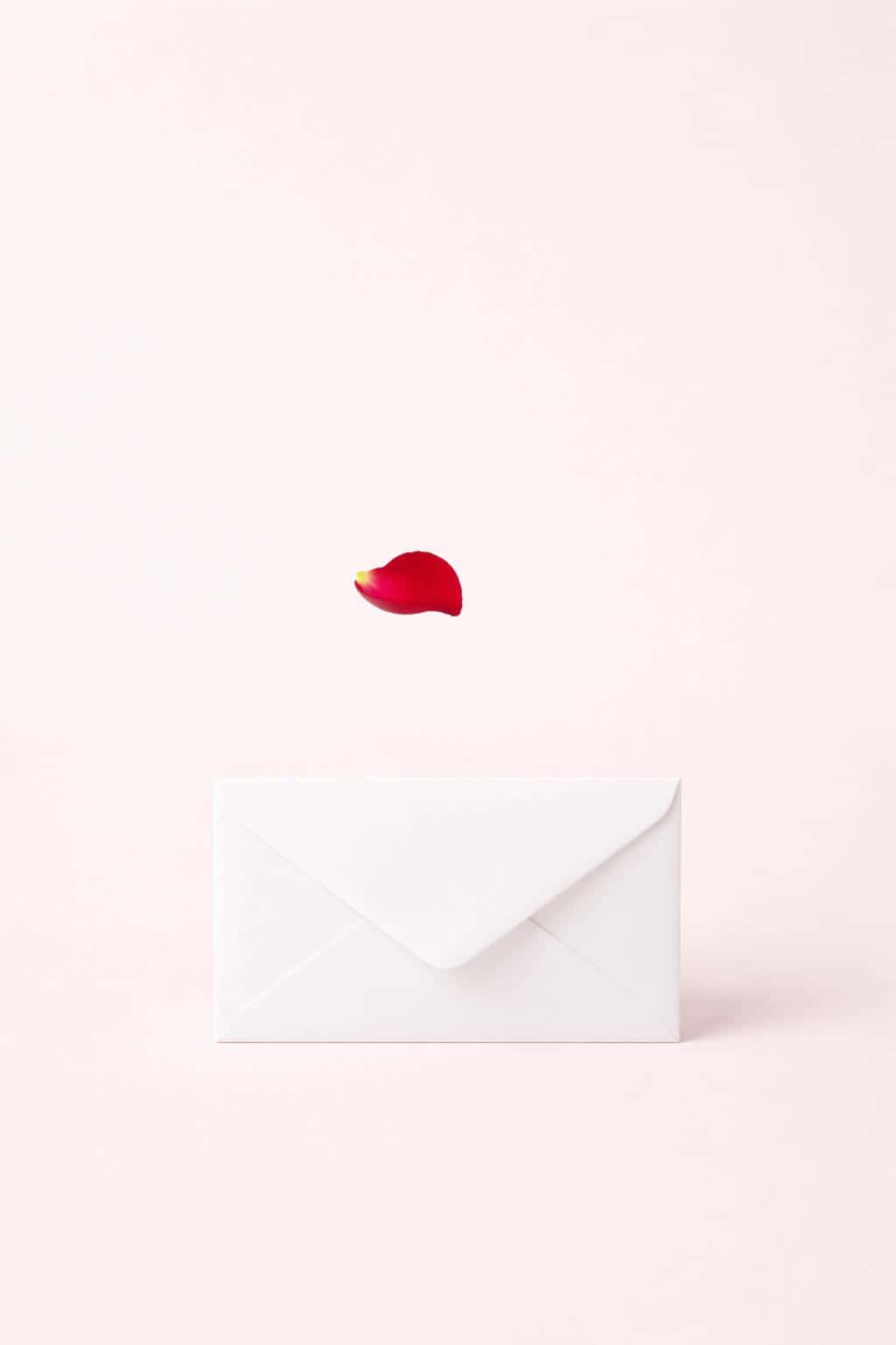 Vertical 2:3 minimalist studio card showing a pristine white envelope anchored at the lower third with a single red rose petal gently floating above against a soft blush background and abundant negative space.