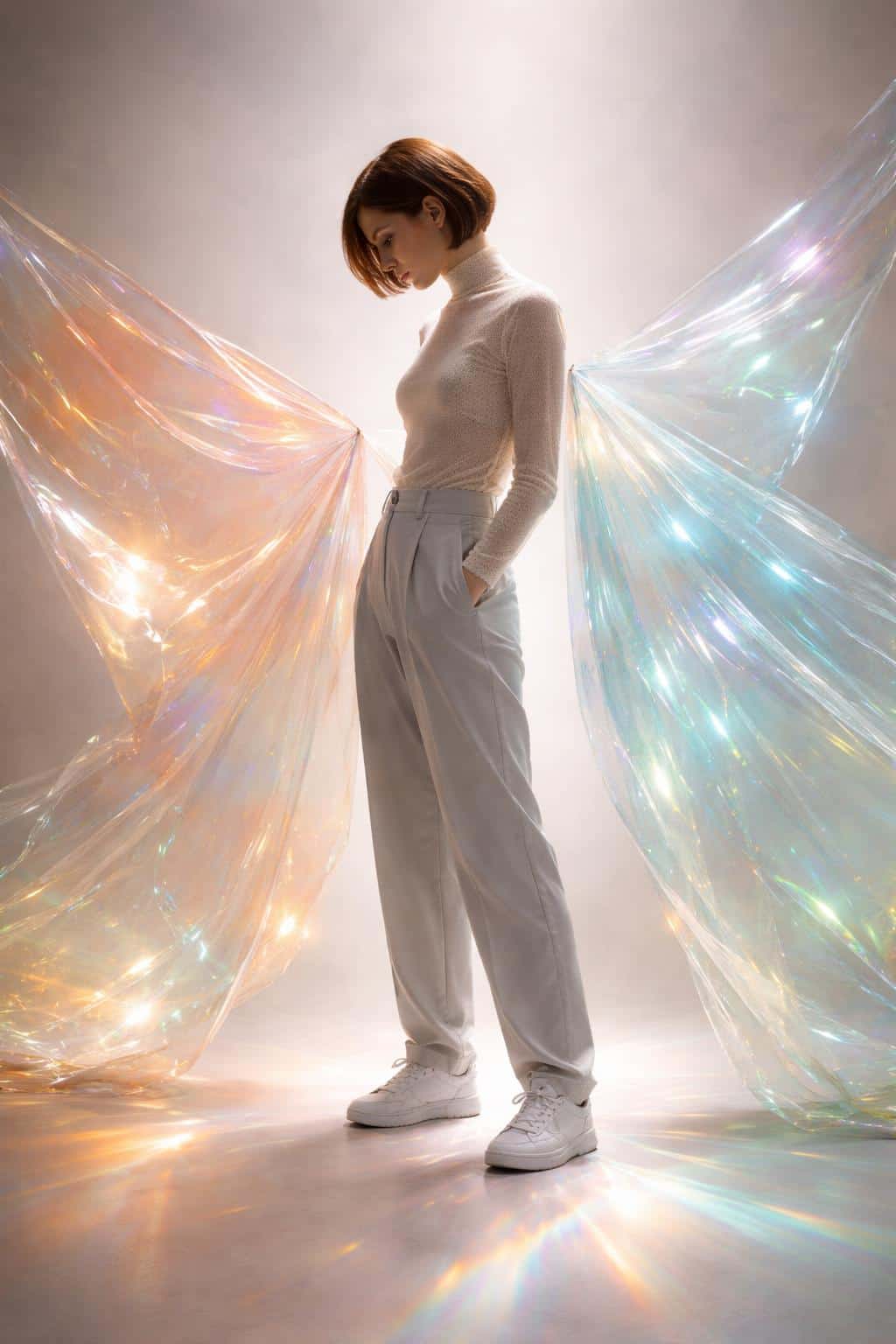 A serene figure stands in profile wearing cream tones, framed by luminous iridescent cloaks casting rainbow refraction onto neutral ground in a refined 3D editorial render.
