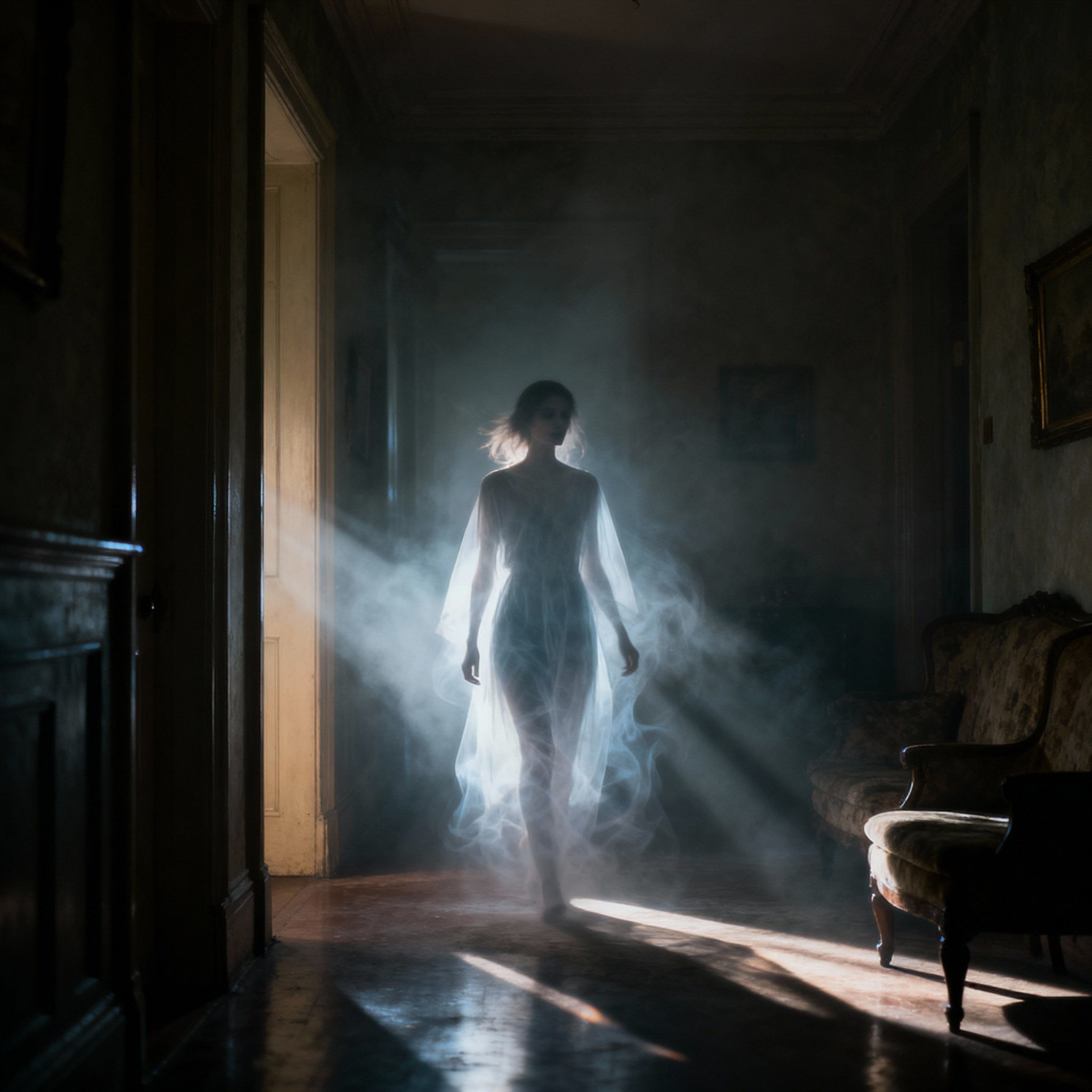A haunting, realistic ghost photograph captured in a 1:1 aspect ratio: a subtle, translucent apparition in a dimly lit interior scene, combining photographic realism with artistic, creative interpretation. Emphasize atmospheric lighting, mo