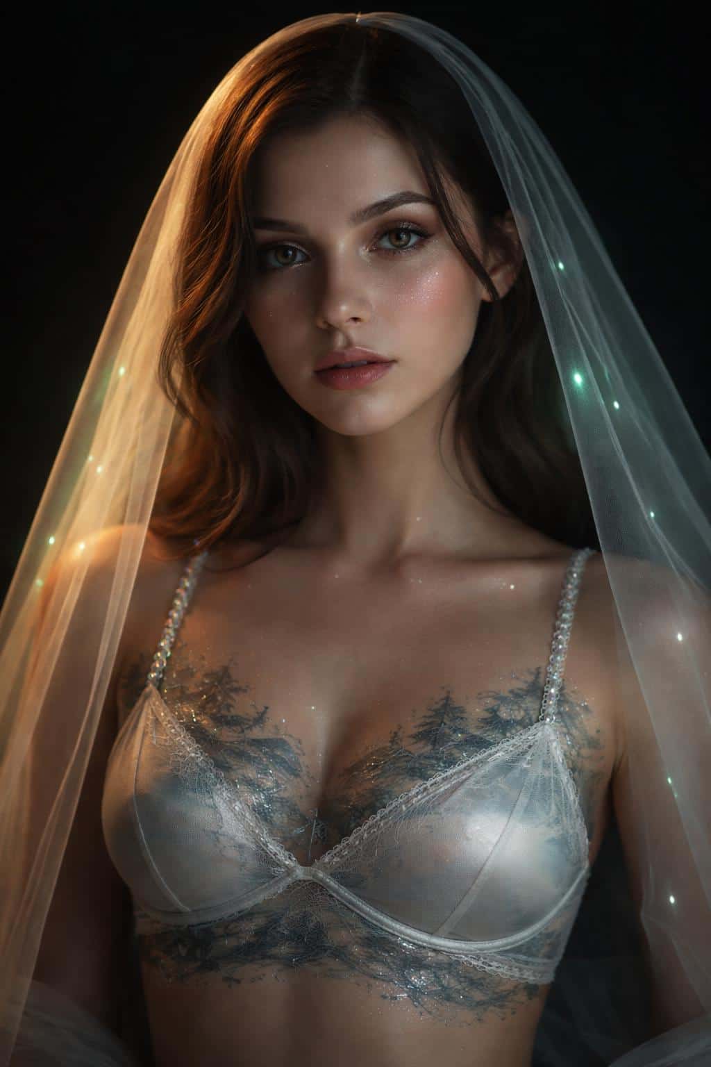 Close 2:3 portrait of a single woman lit by neon-green accents, photographed in a low-key, mystical style for poster-cover use with faithful composition and crop guidance.