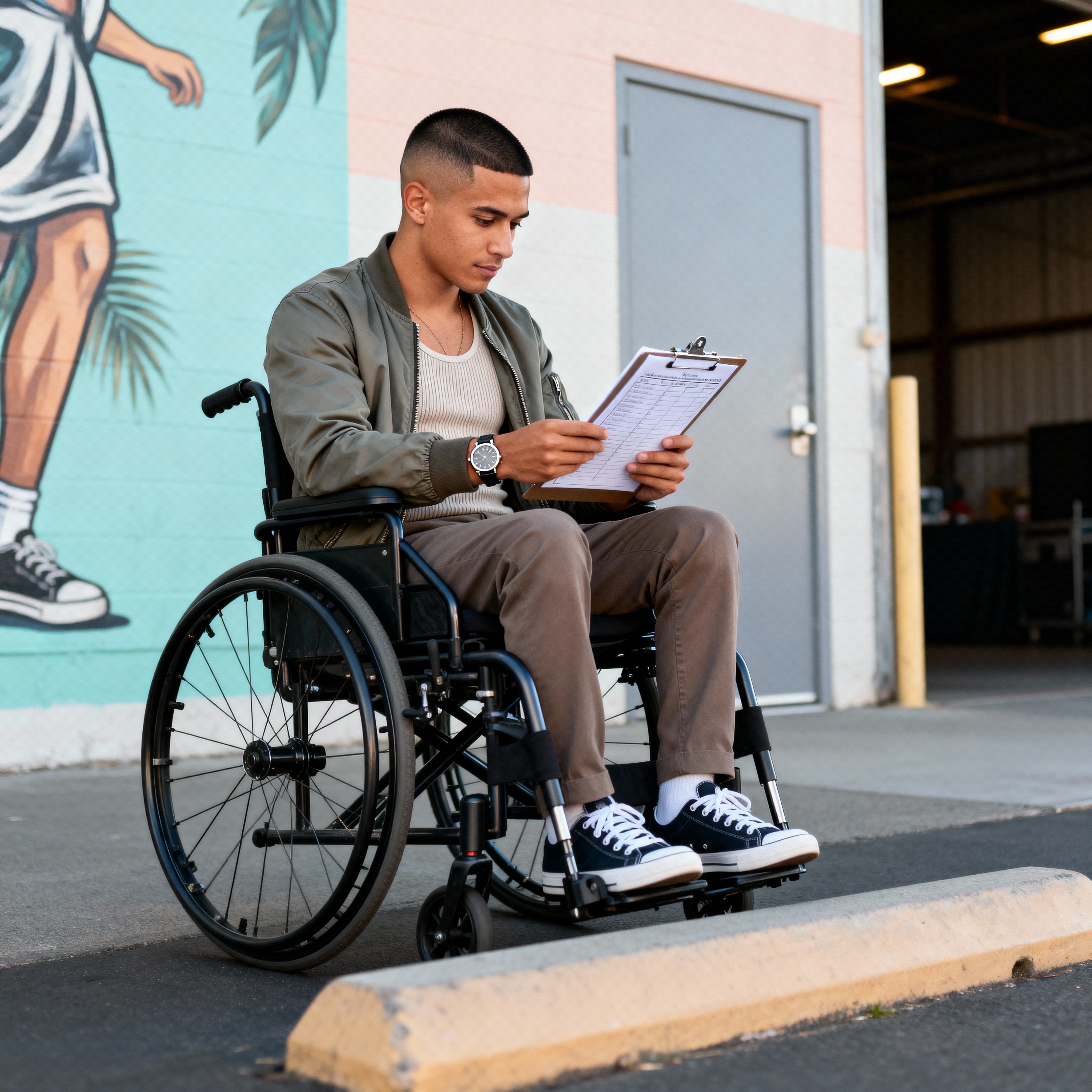 A 25-year-old multiracial West Coast event producer in a manual wheelchair reviews a set list outside an Oakland warehouse, serene and assured with layered depth, soft rim light, and a contemporary commercial grade.