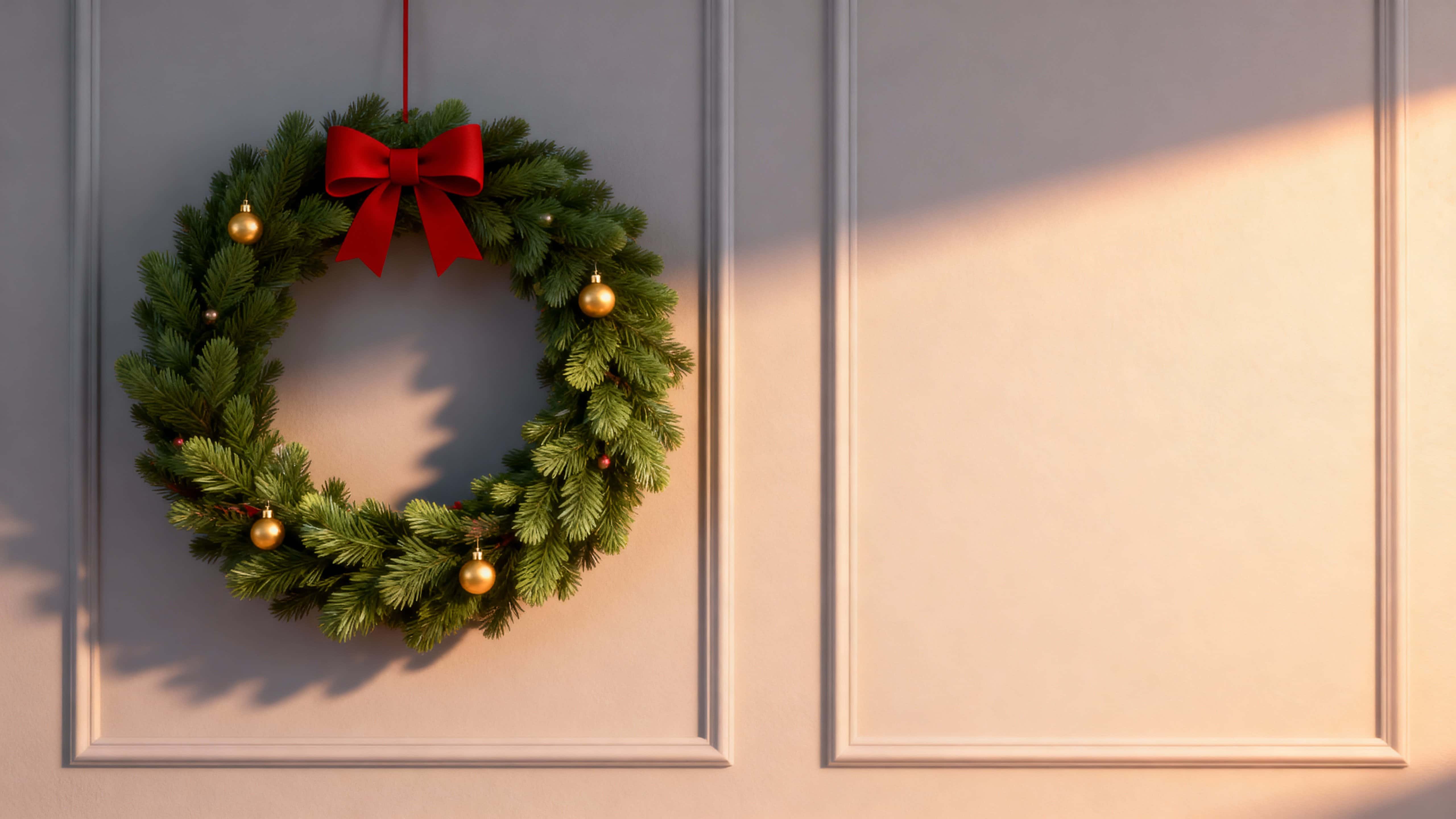 A lush 3D evergreen wreath with rounded stylized needles and a simple red ribbon bow hangs left on a very light warm gray paneled wall, accented by a few golden baubles and soft warm right-side light.