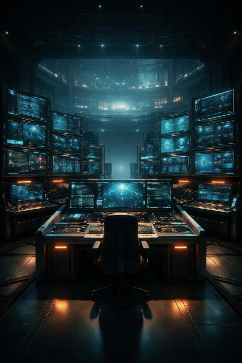 Executive control center rendered as a 3d interior scene for a poster-cover, framed in a vertical 2:3 ratio with cinematic oversight and dramatic lighting.