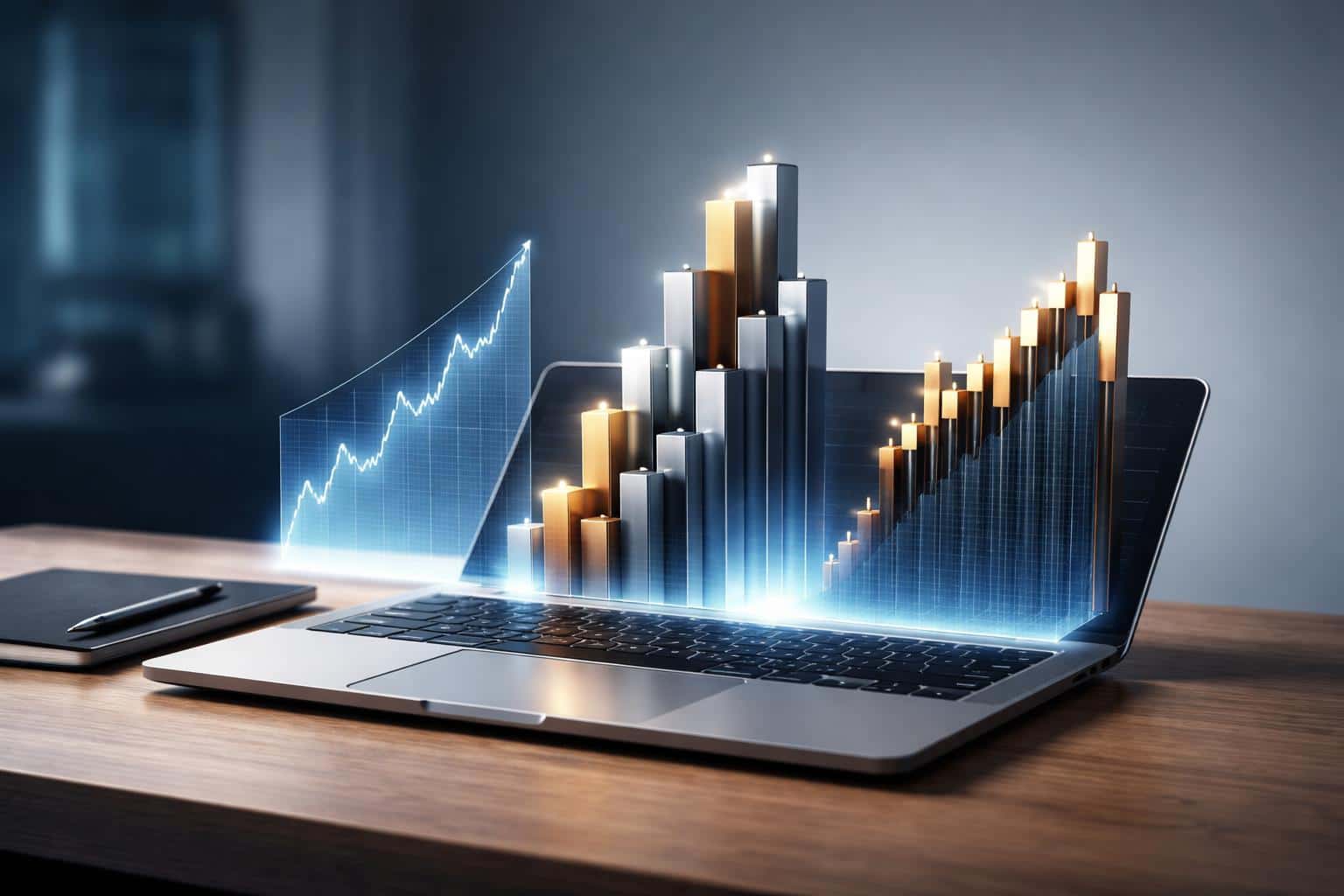 Executive desk scene rendered in 3D with a laptop at the foreground and three financial charts rising as sculptural data forms, composed for a 3:2 poster layout.