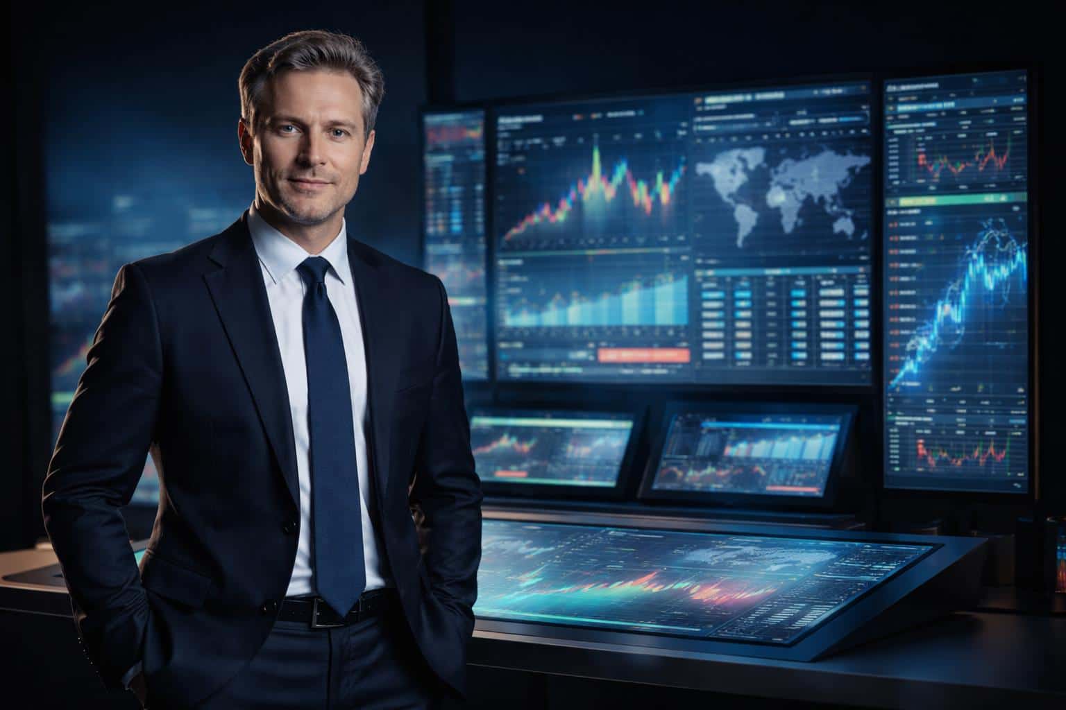 Night-time corporate office portrait of a single executive framed by multiple glowing data screens, composed as a 3:2 editorial image for a poster-cover use.