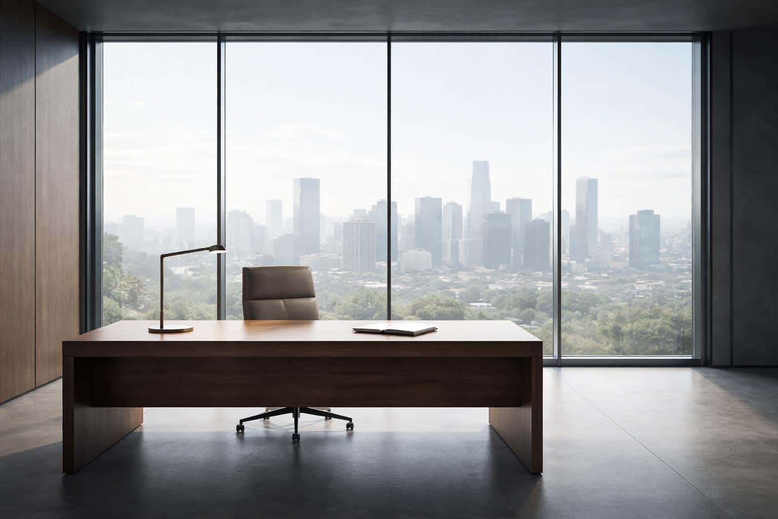 Executive office interior photographed in a minimalist, clean architectural style with a 3:2 crop, designed as a wallpaper or poster-ready composition for display.
