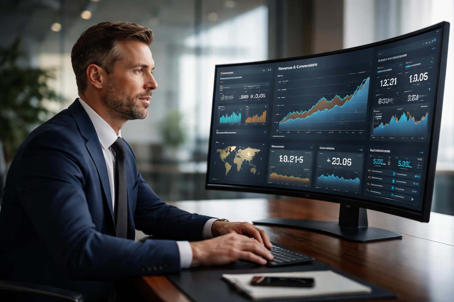Executive reviews live performance metrics on a curved widescreen in a modern office, shot in polished editorial photography for corporate social-post and marketing use.