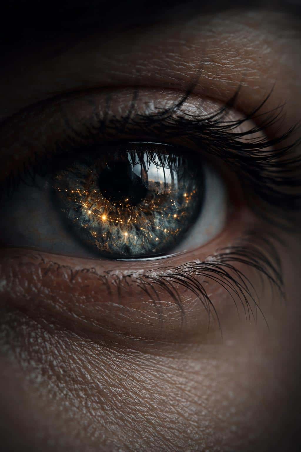 Close-up macro photograph of an eye with digital city lights reflected on the cornea, rendered as a portrait-style wallpaper-ready image with dramatic low-key lighting and shallow depth.
