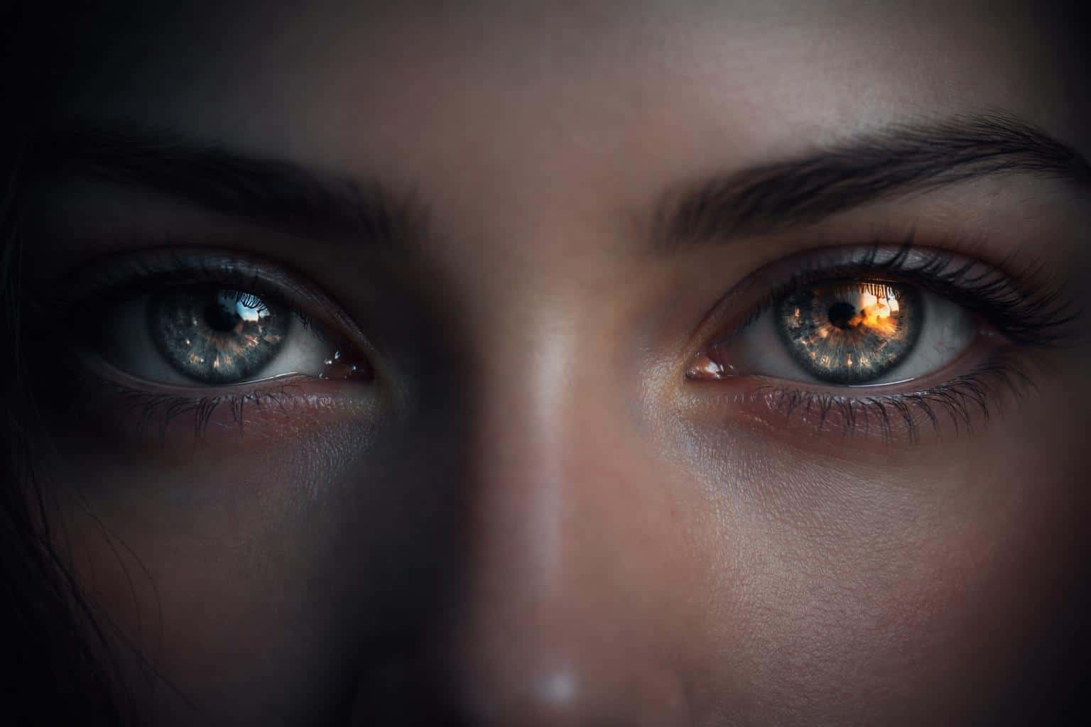 Close-up photoreal portrait of human eyes reflecting analog clocks and linear timeline overlays, framed for a 3:2 wallpaper or poster with moody low-key lighting.