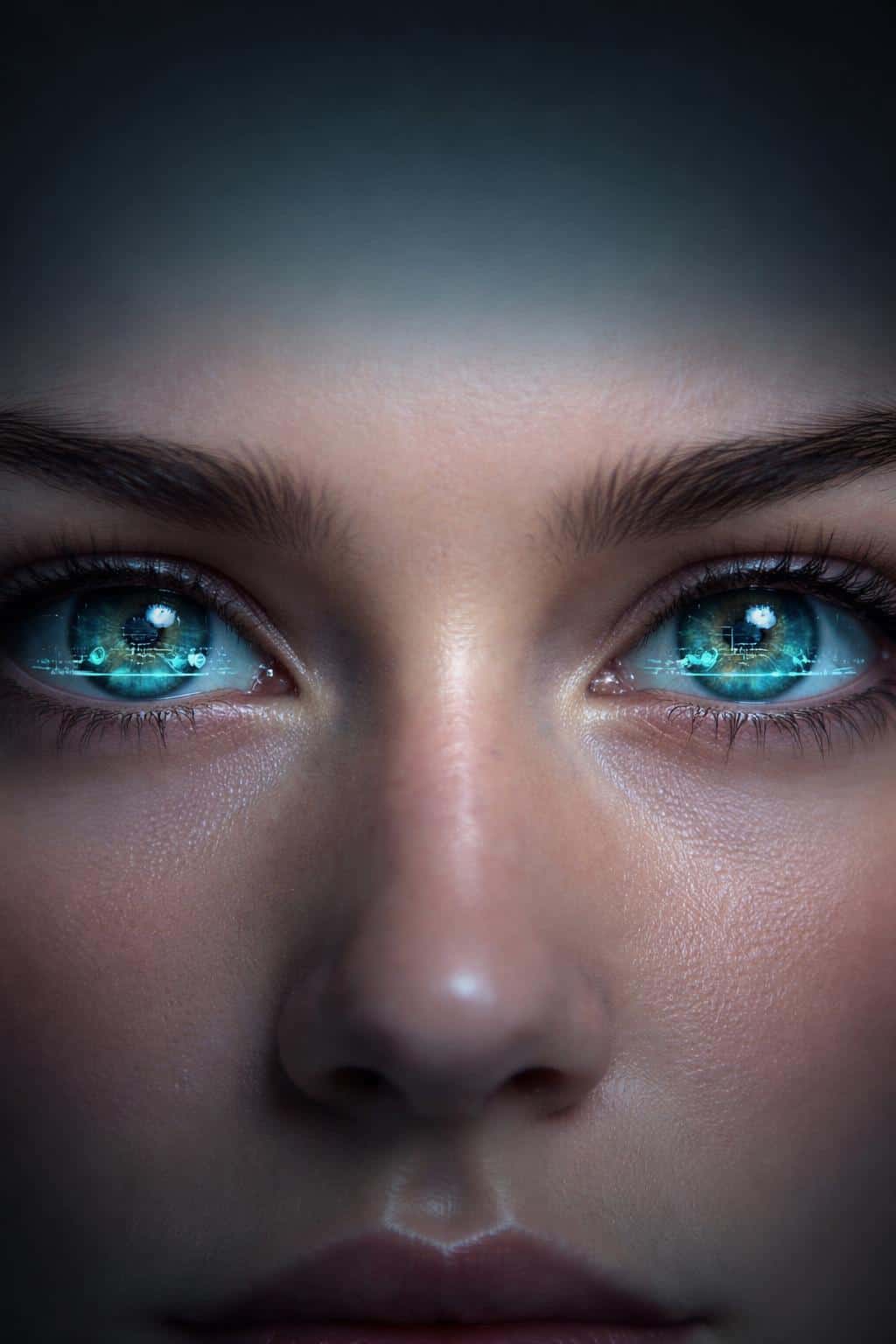 Close-up human eyes reflecting clean UI charts and vector lines, composed as polished portrait photography for a poster-cover or editorial hero image with a 2:3 crop.