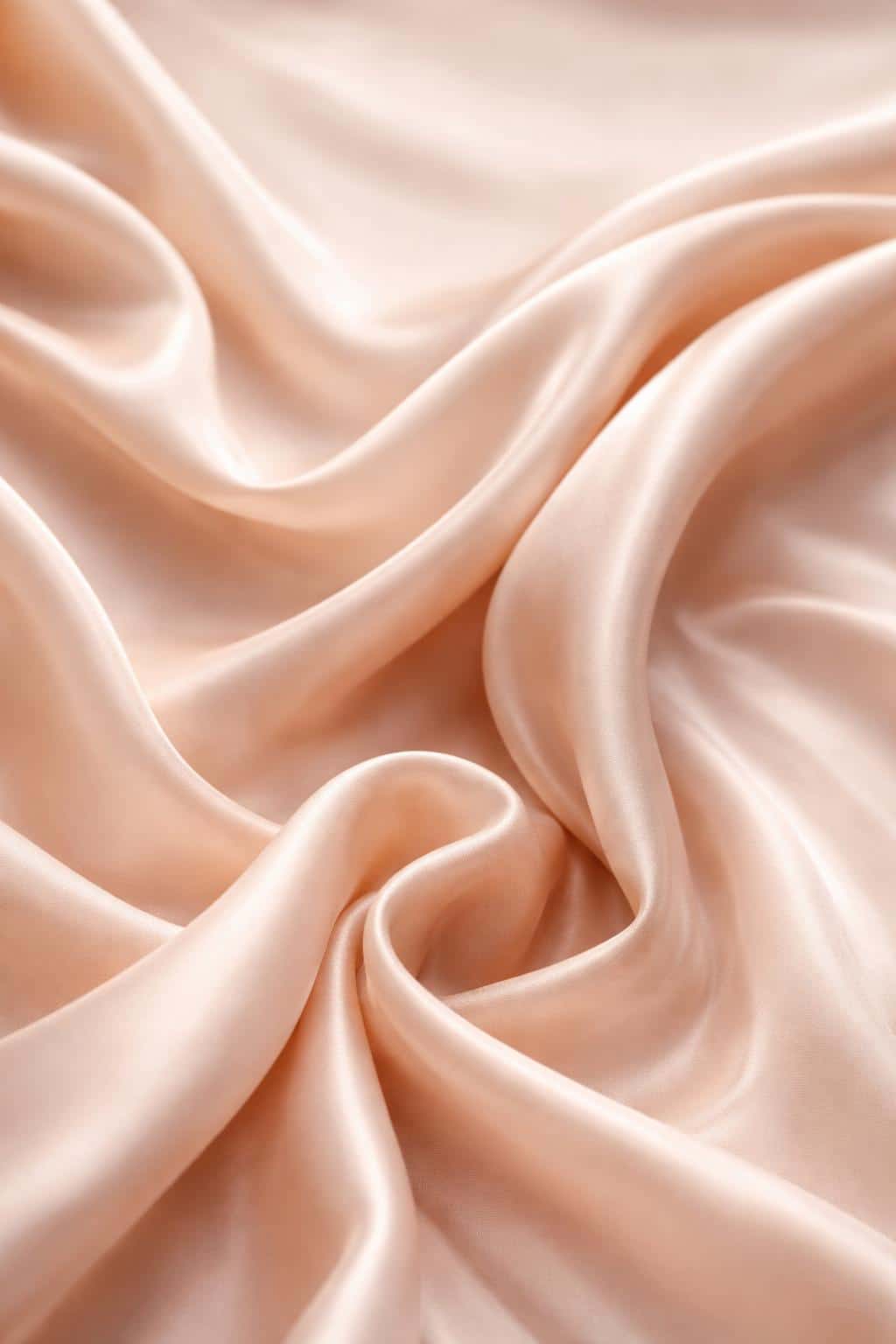 Close-up macro photograph of ruffled fabric folds in soft peach and cream tones, composed for a vertical 2:3 wallpaper with gentle lighting and shallow depth for texture emphasis.