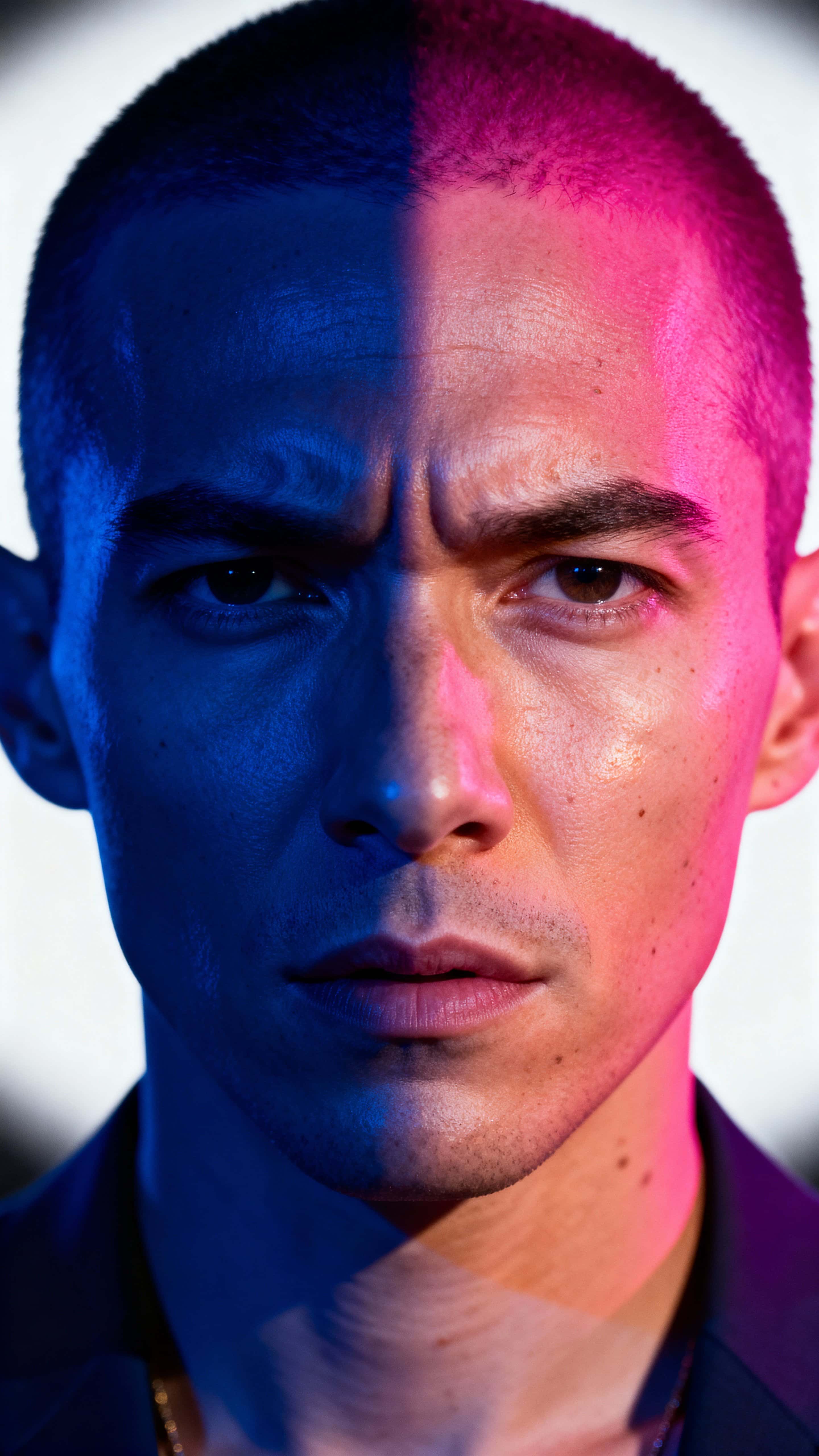 A vertical 9:16 portrait of a face split between cobalt blue and hot pink light, with an intense cinematic expression and a nearly black background to heighten drama.