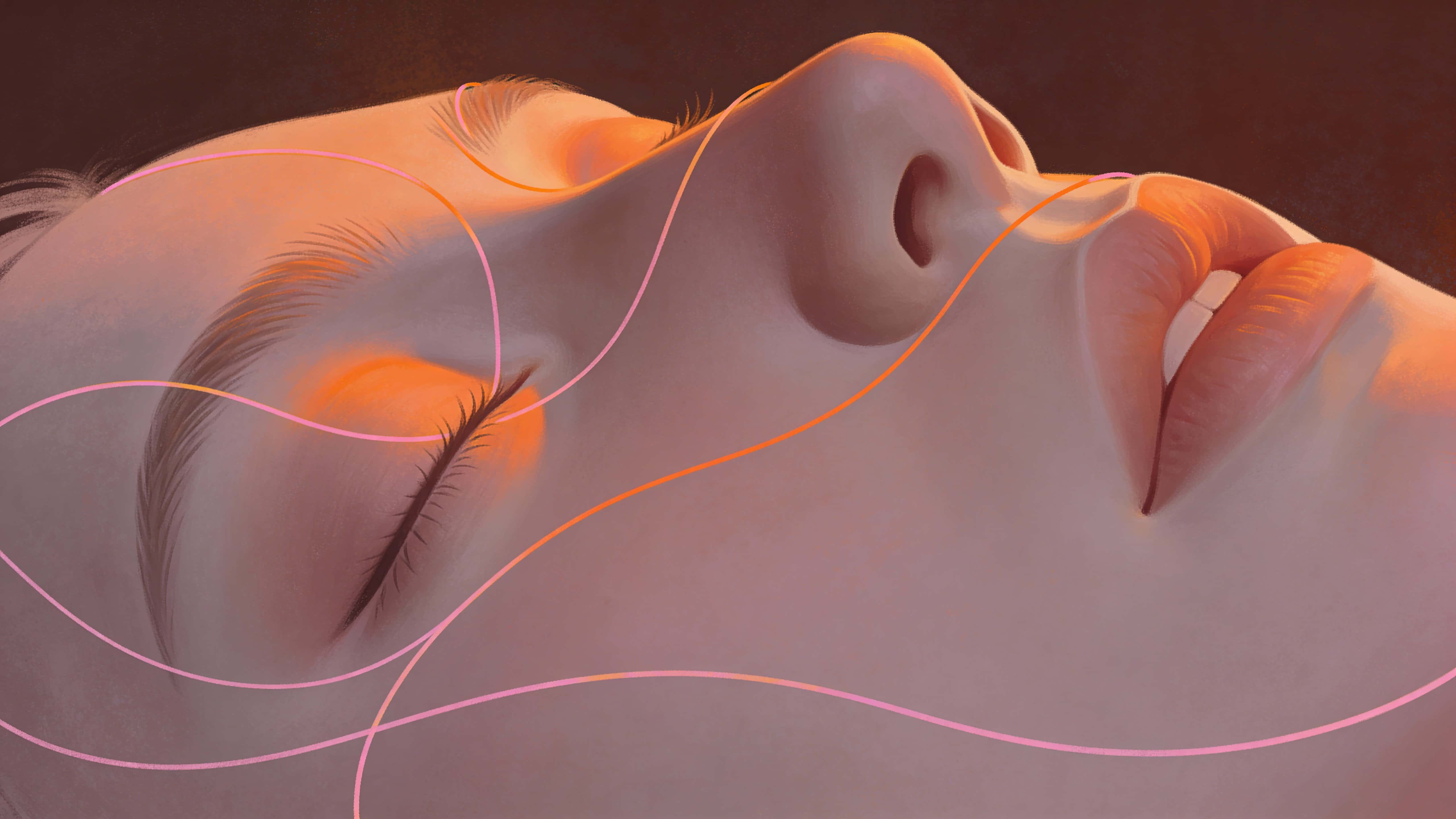 A calm face sculpted in soft rose-gray, overlaid with thin contour lines in sunset orange and pastel pink, centered in a 16:9 frame with a tight midshot crop.
