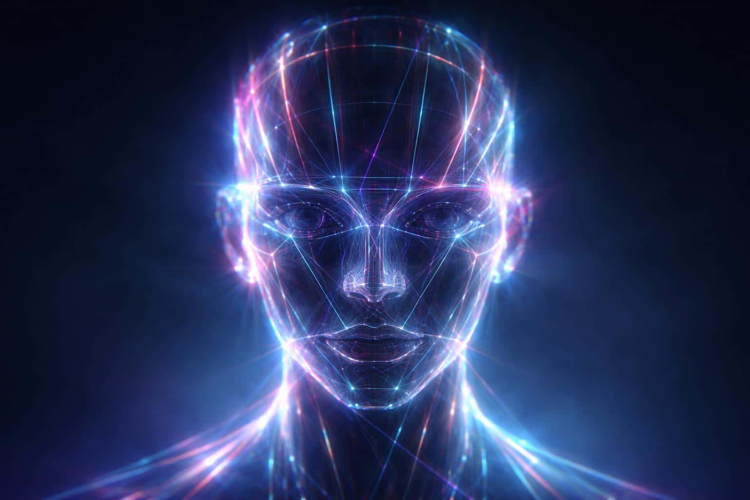 A 3D-rendered portrait of a face composed of holographic light strips, framed for 3:2 poster use with centered composition and dramatic neon glow lighting effects.