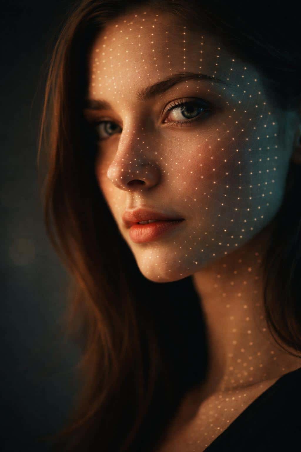 Close-up photographic portrait of a face with a mapped grid of tiny lights and warm-cool mixed lighting, composed for a 2:3 wallpaper or poster use.
