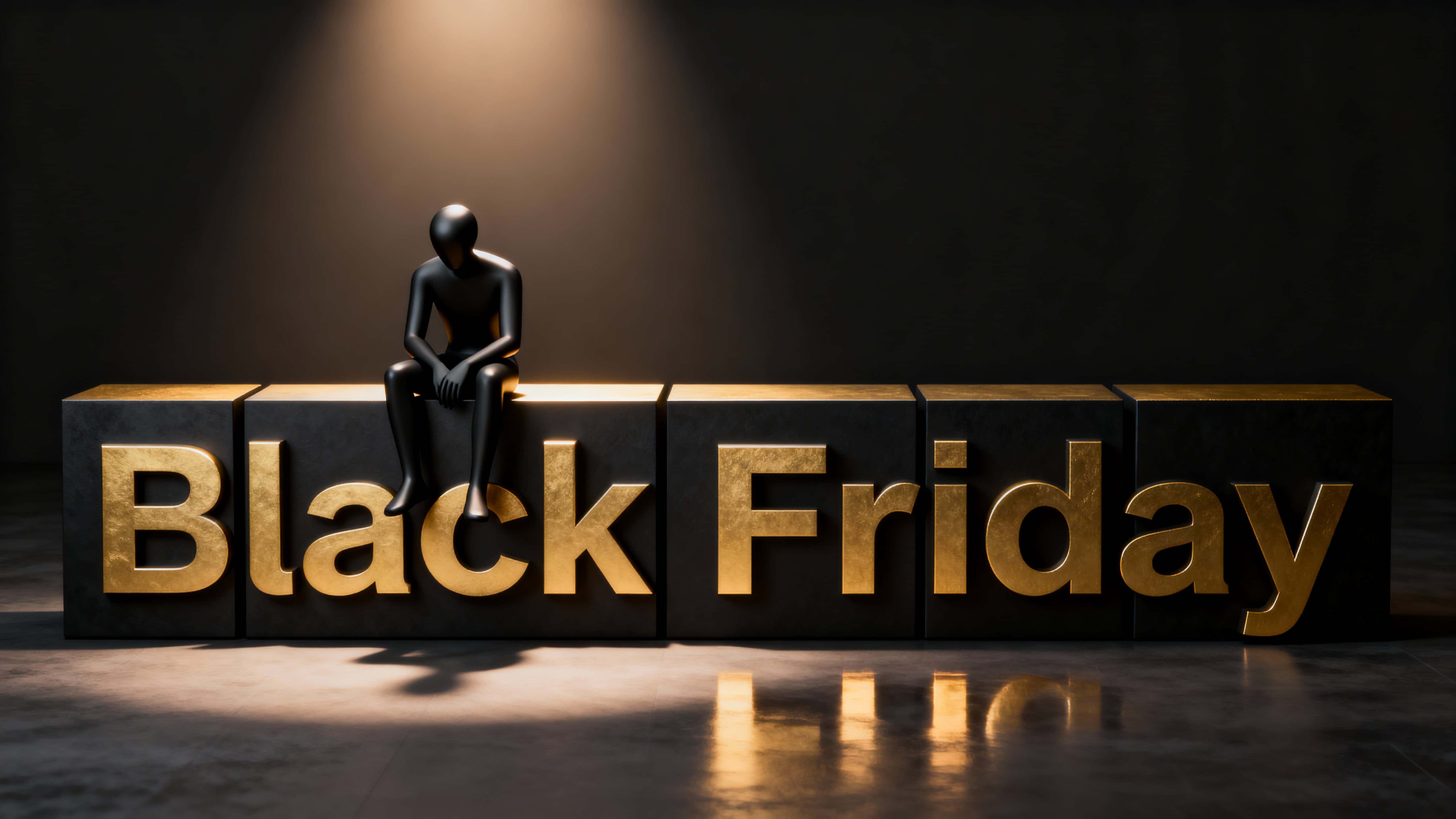 A minimalist 3D CGI scene in a 16:9 wide frame showing a matte-black faceless figure perched on a low, blocky 'Black Friday' word sculpture with brushed-gold tops and deep shadowed negative space for promo copy.