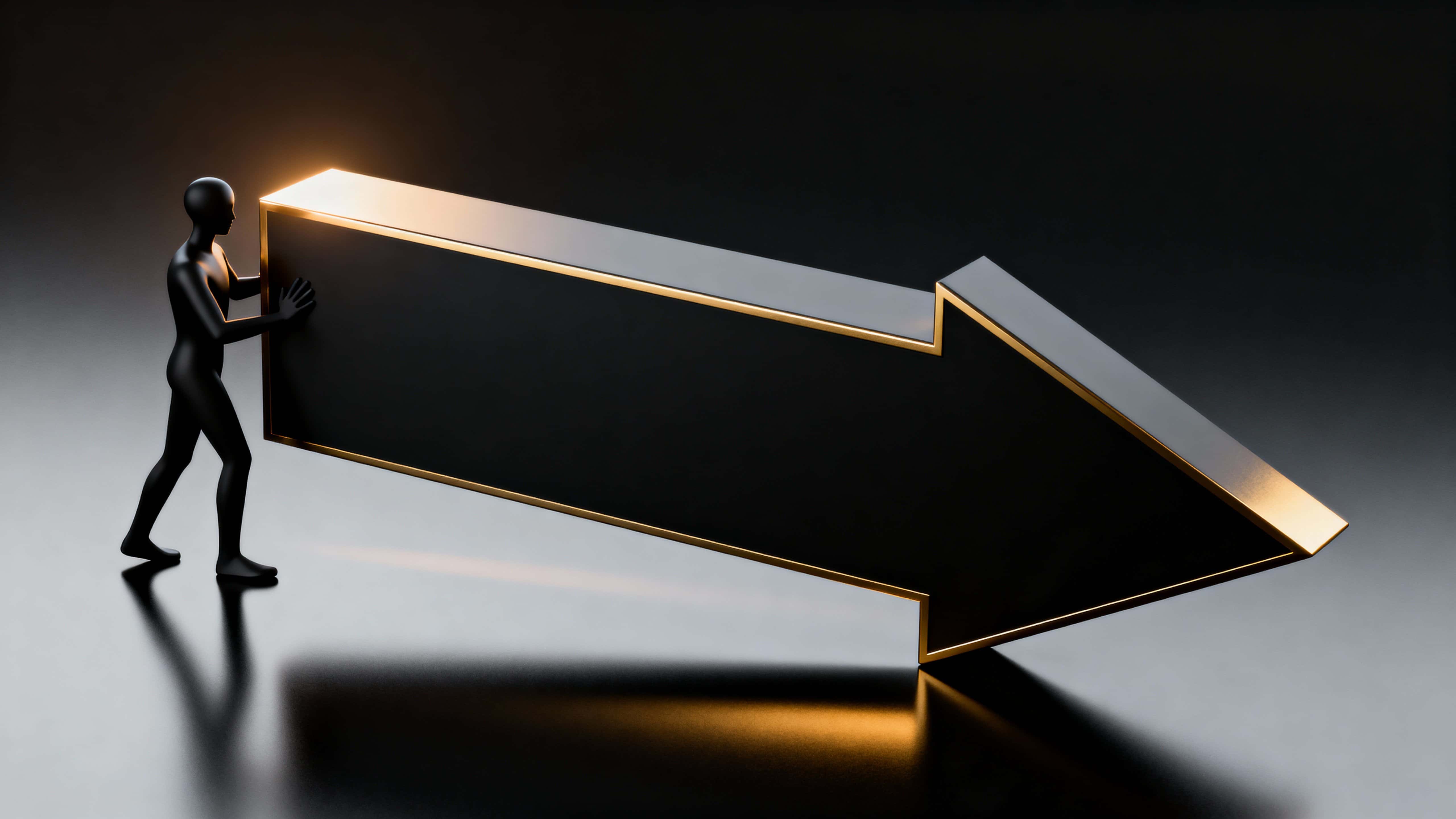 A minimal 3D composition shows a matte-black faceless character bracing a sculptural arrow block toward the right with a thin polished gold edge and warm upper-left highlights.