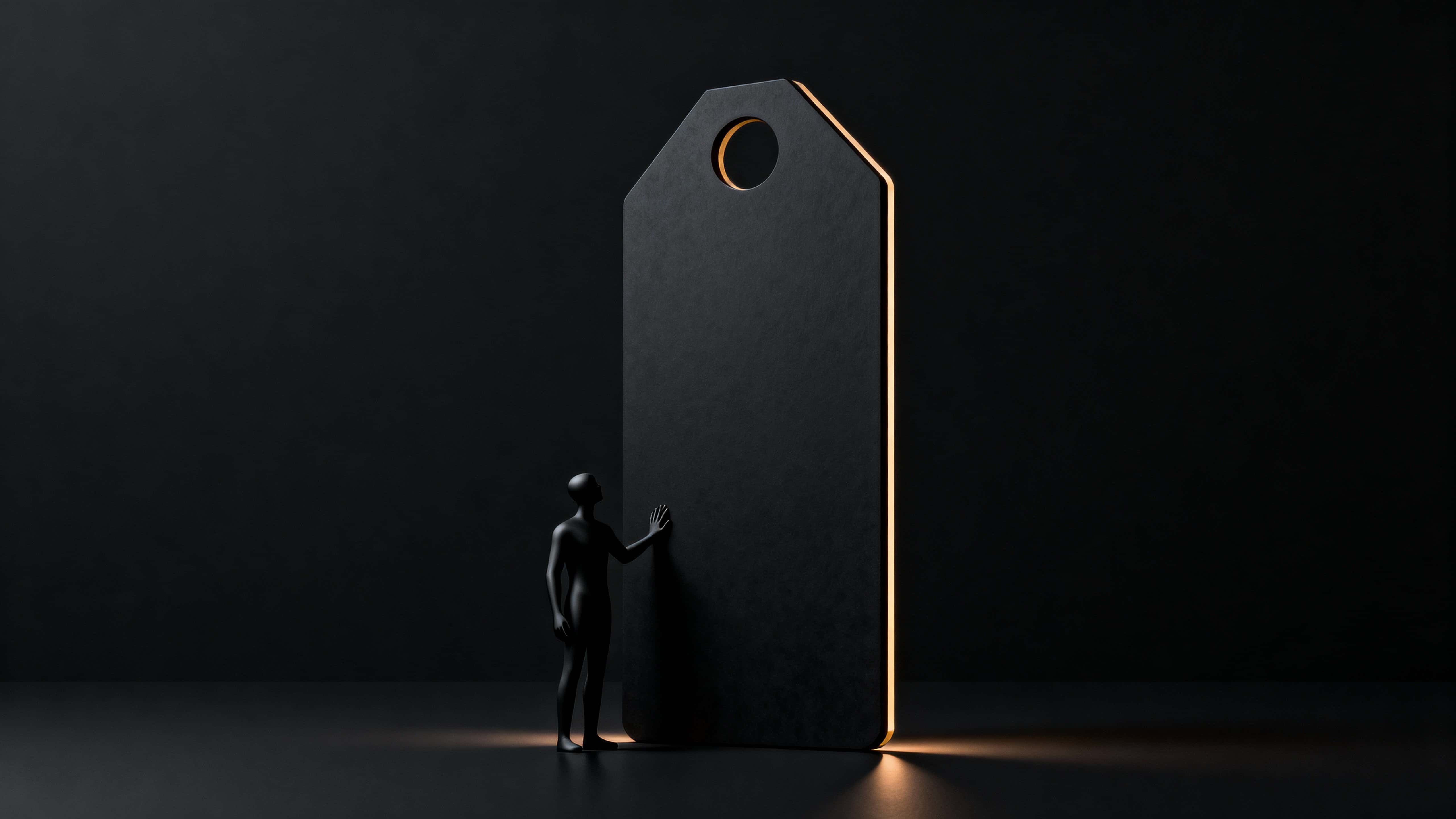 In a dark 16:9 scene a matte-black faceless character at the lower-left gently touches a towering price-tag-shaped monolith center-left, its brushed-gold edge softly rim-lit to form a calm sculptural silhouette.